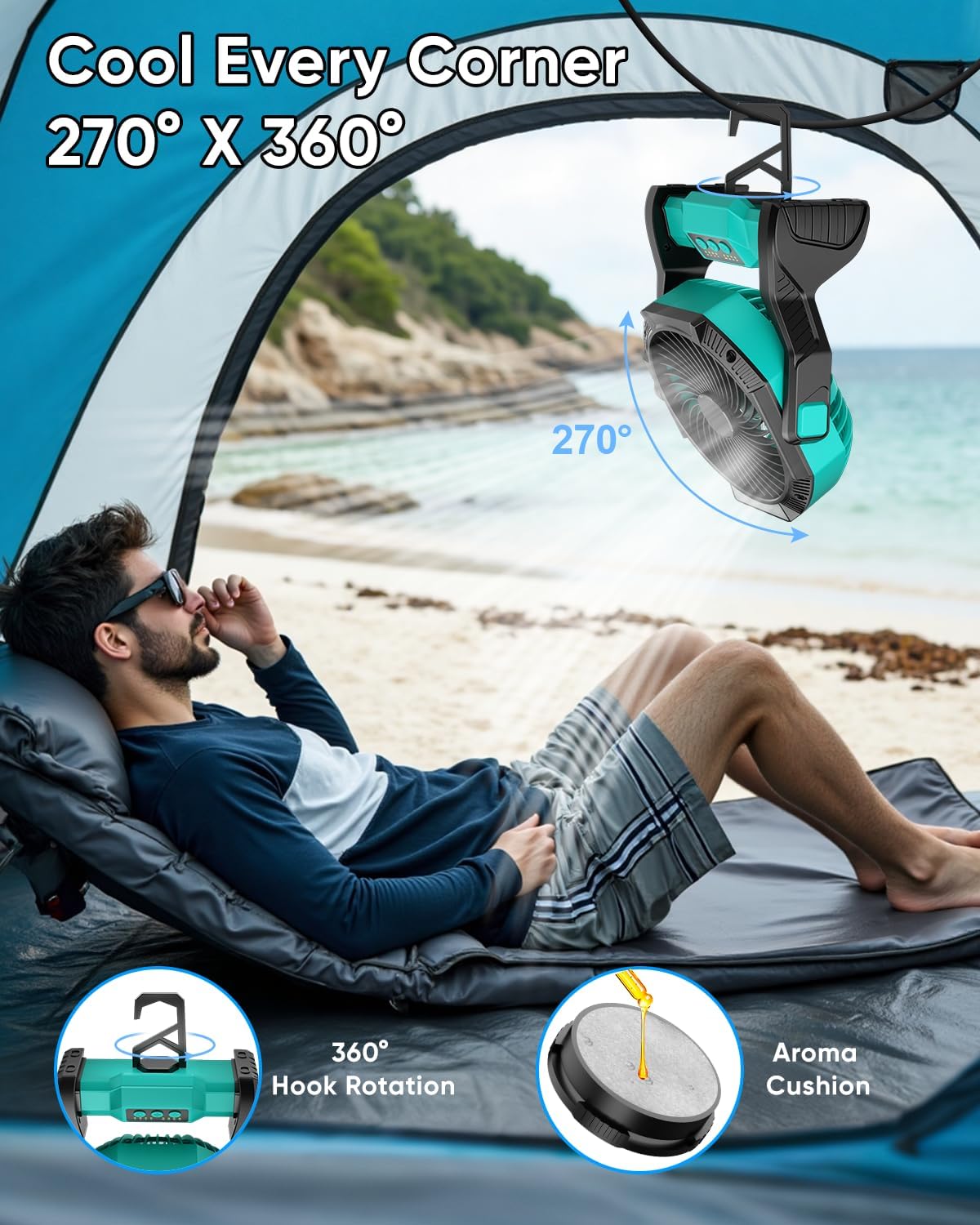 Portable Rechargeable Fan, 20000mAh Battery Powered Camping Fan with LED Light & Hook, 270° Adjustable, 4-Speed, 4H Timer Camping Essentials for Outdoor Tent Travel BBQ Car_Blue image 4