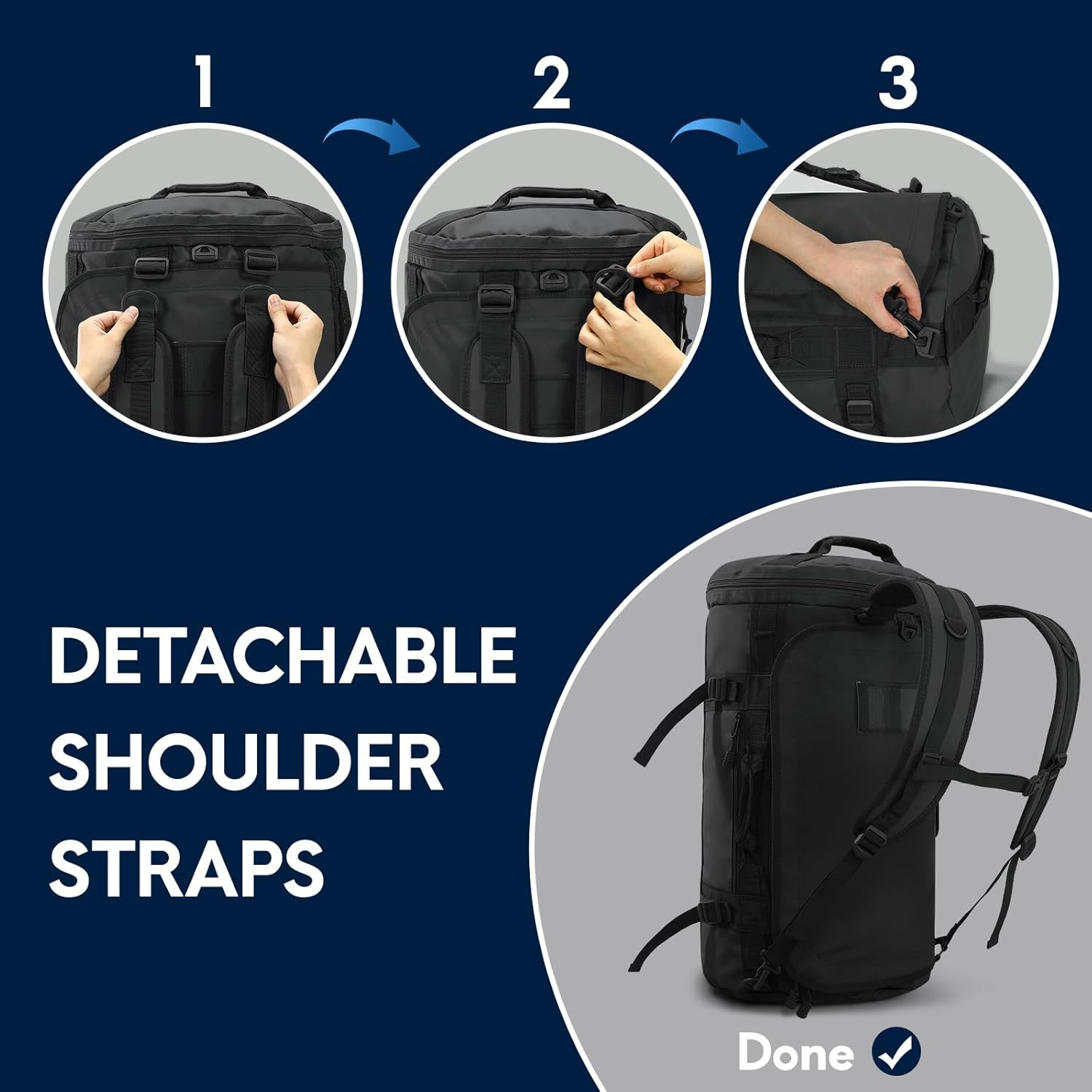 Haimont Duffle Backpack for Men Women, Convertible Travel Duffel Bag Backpack with Shoes Compartment, Heavy Duty Weekender Bags for Sports Gym, Traveling, Camping, Water-resistant, 60L, Black - Image 2