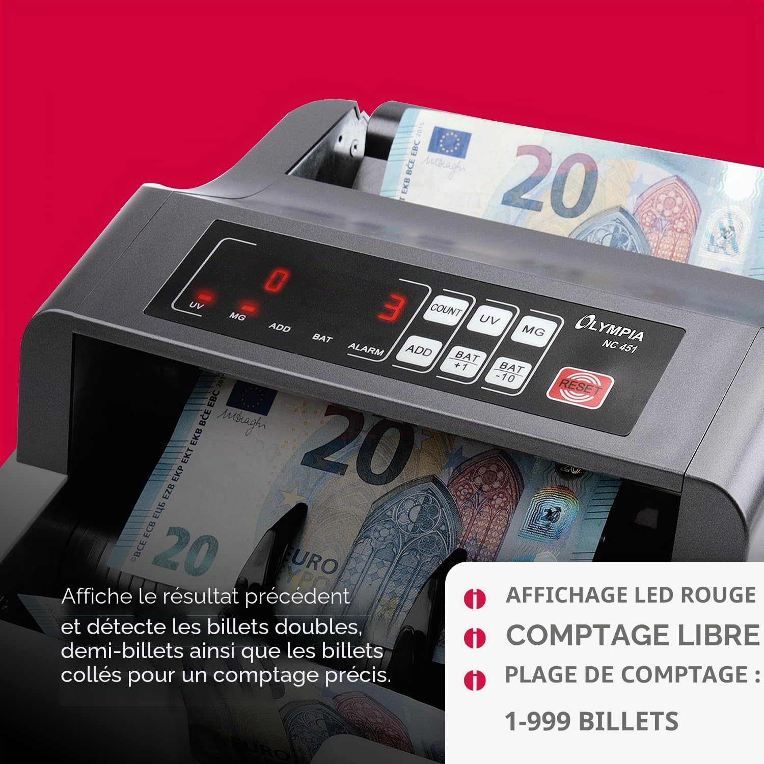 Olympia NC 451 Compteuse de billets et détecteur de faux billets pour tous les billets | Capteurs UV MG | 1000 billets/min | Fonction d'addition | Écran LED | Compteur de billets | Détecteur de