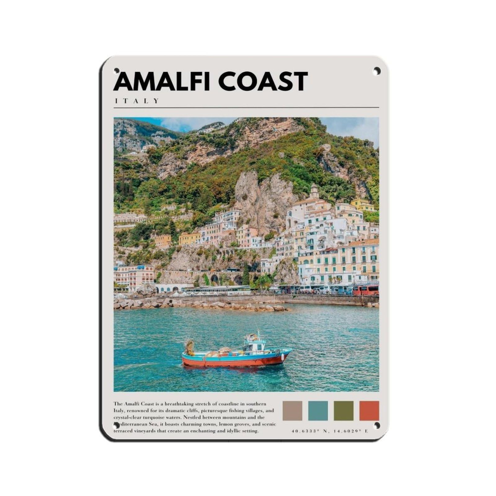 Amalfi Coast Italian Coastal Poster Retro Poster Metal Tin Sign Chic Art Retro Iron Painting Bar People Cave Cafe Family Garage Poster Wall Decoration 12x16inch(30x40cm)