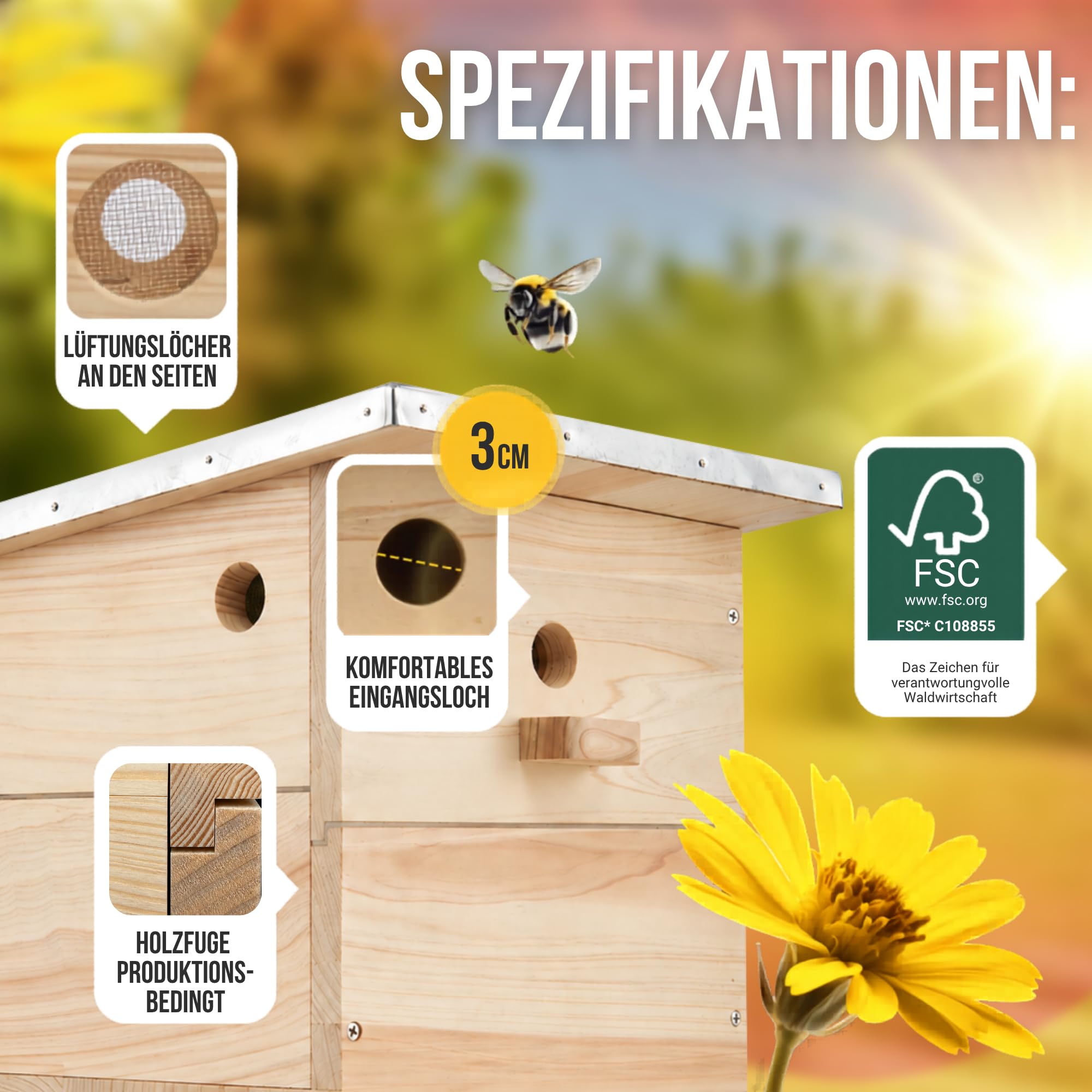 Hummelhaus groß inkl. Wachsmottensperre & Nistmaterial I Kapok, Nistkarton, Holzspäne I Hummelhotel Massivholz verschraubt I Hummelkasten mit Zubehör (mit Vorbau und Wachsmottensperre)