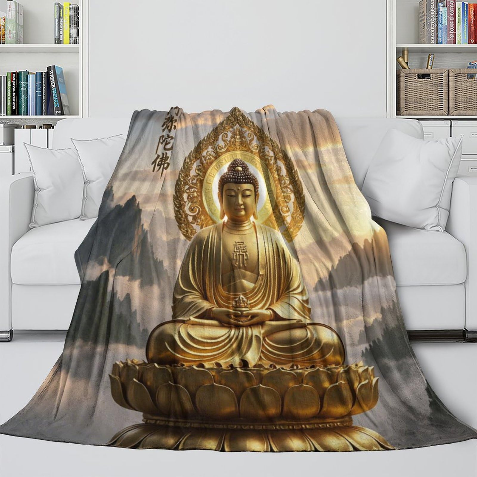 Statuetka Buddy, puszysty koc wełniany, 150 x 200 cm, na sofę, koc sakyamuni biały, puszysty, miękki, ciepły koc Sherpa na kanapę, do salonu, na zimę/jesień