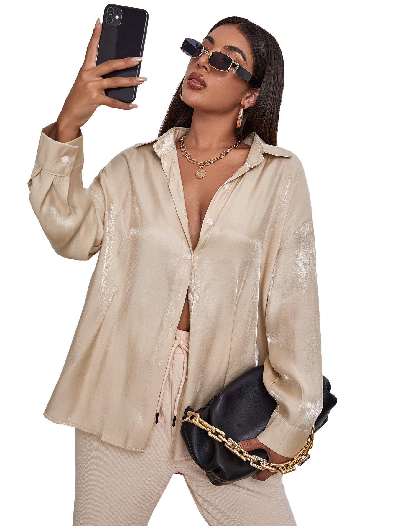 MakeMeChicWomen's Oversized Satin Silk Long Sleeve Button Down Shirt Blouse Top