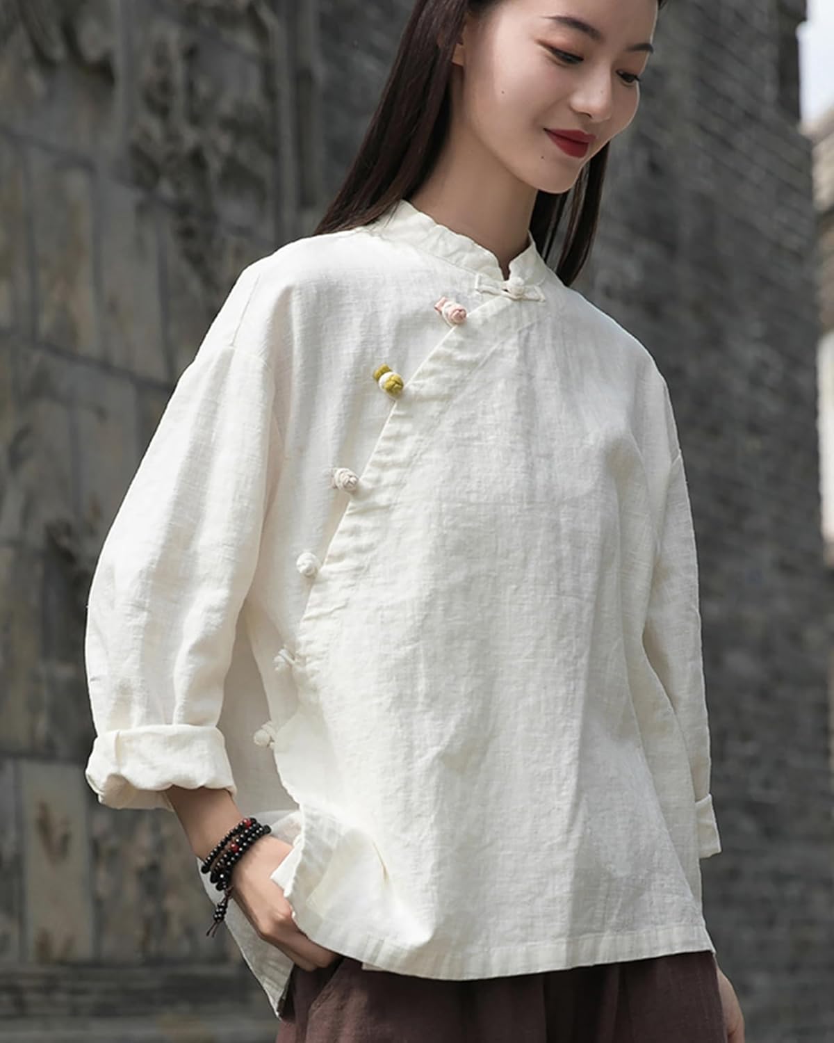 LUZU JUNU Women's Elegant Cotton Linen Blouse Tops Long Sleeve Casual Loose Fit Shirt