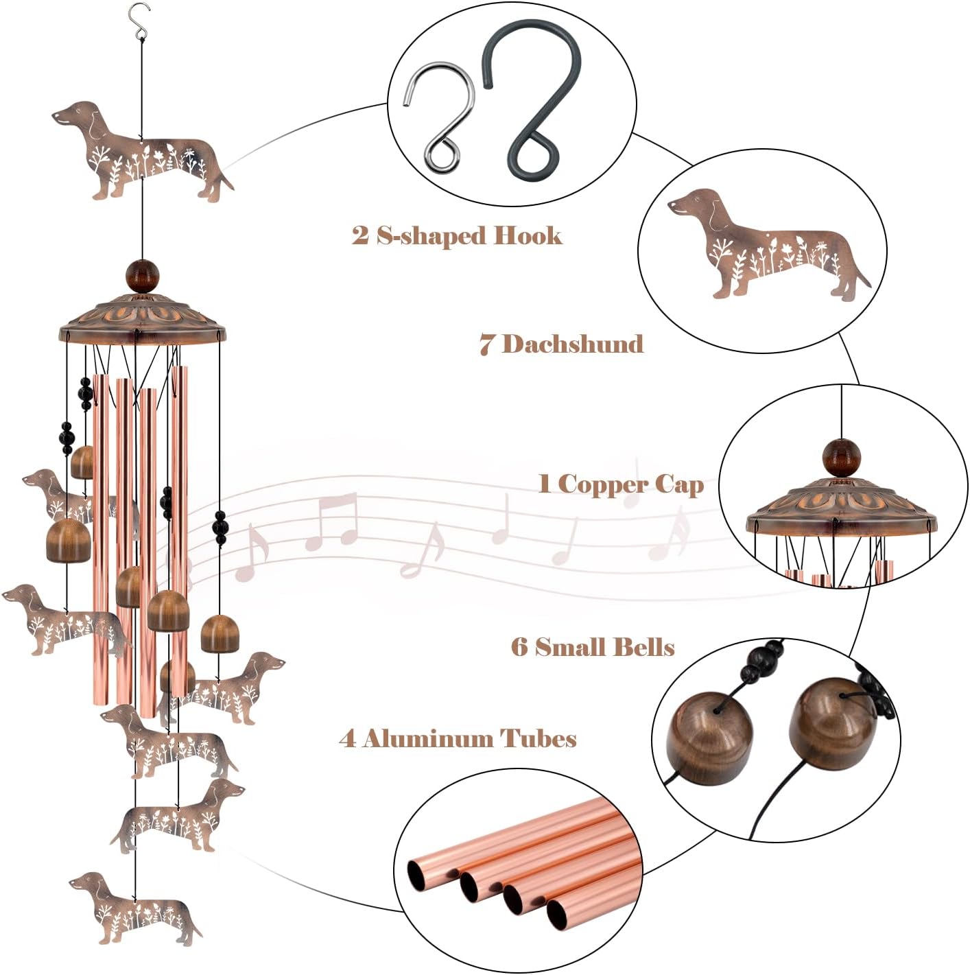 Dachshund Wind Chimes for Outside, Metal Wiener Dog Gifts for Women/Men, Doxie Mom Birthday Memorial Windchimes Outdoors, Funny Dog Lover Garden Decor for Patio Yard, Durable Pet Loss Sympathy Gift