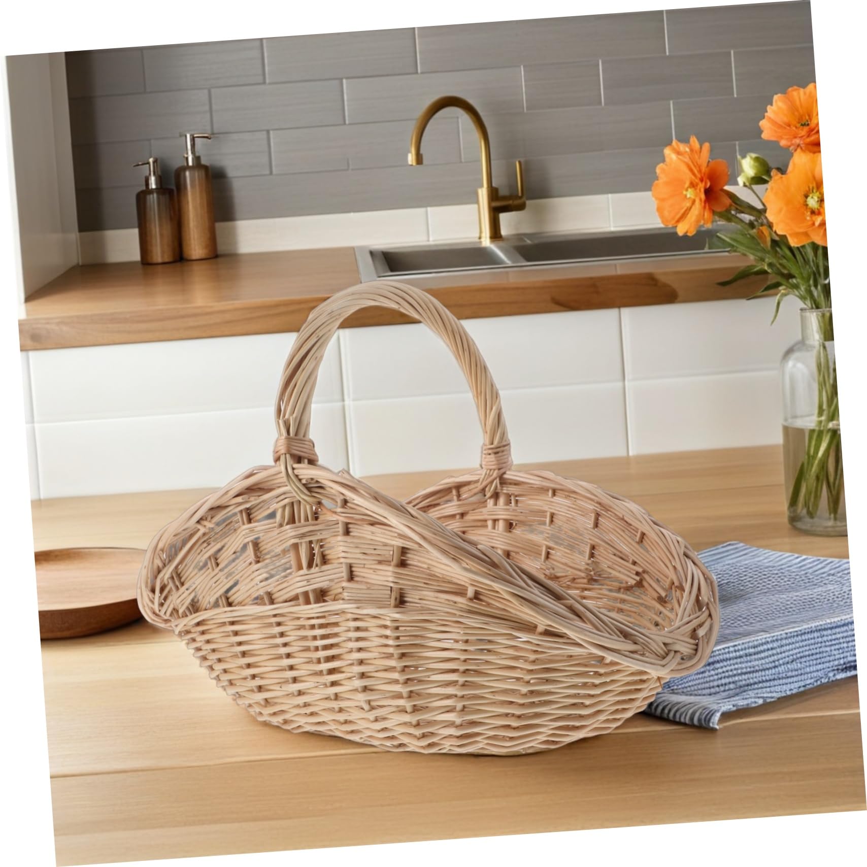 Gatuida Cesta de Mimbre Tejida Mano para Almacenamiento Multifuncional con Asa Portátil para Frutas Verduras Huevos y Picnics Exteriores