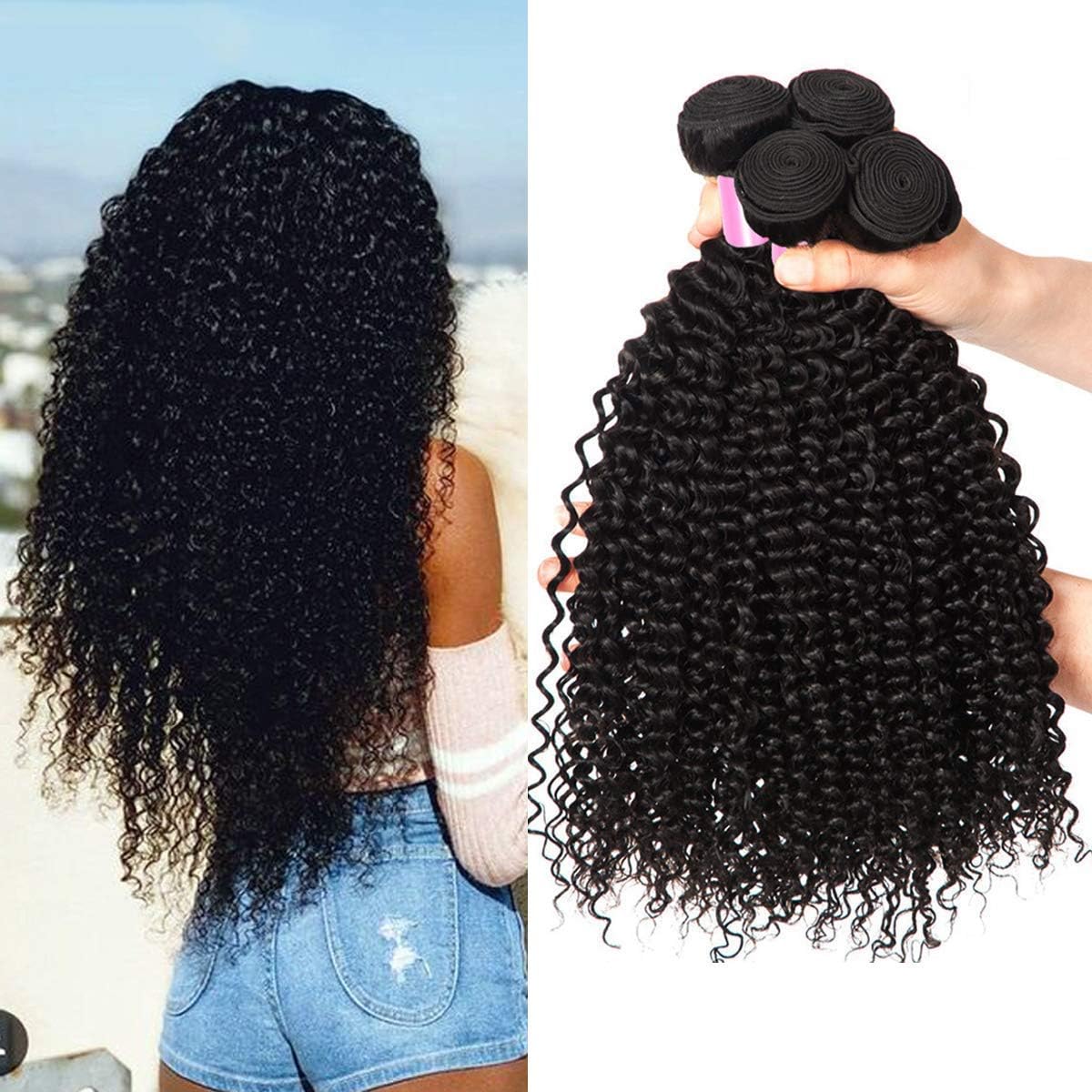 EMOL Hair Kinky Curly Human Hair Bundles Curly Weave Bundles Brazilian Curly Hair 3 Bundles 10 12 14 Inch Total 300 g Full Head Virgin Human Hair Natural Black Colorโฆ