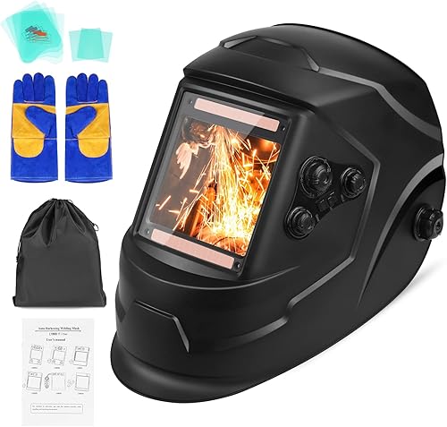 Casco de soldadura con oscurecimiento automático, máscara de soldador de 3.94 x 3.66 pulgadas, vista grande, color real, alimentado por energía