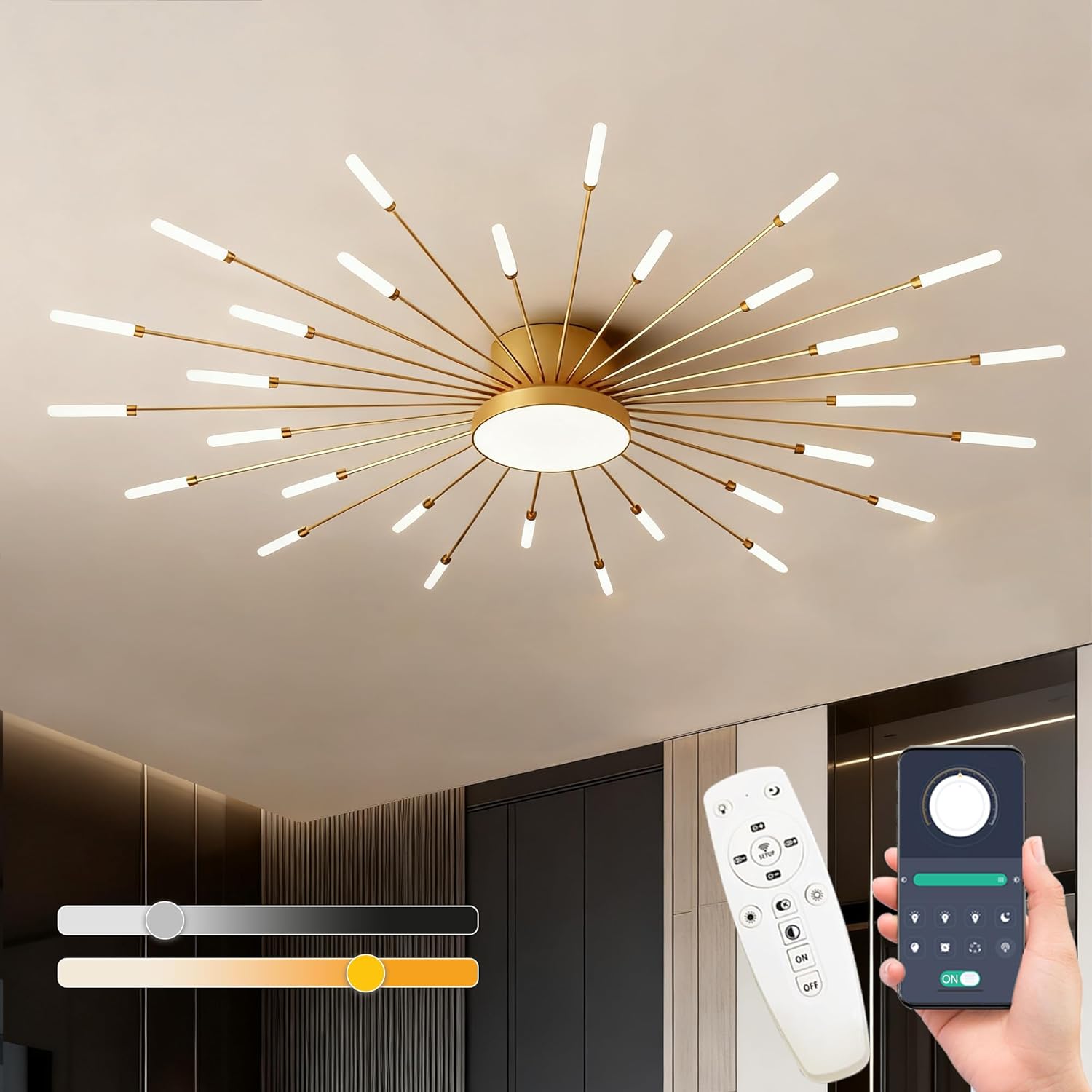 Modern Dimmable LED Ceiling Light with Remote Control Gold Firework Chandelier 42W 3000K-6000K Light Color Adjustable Ceiling Lamp for Kitchen Living Room Bedroom Flush Mount Ceiling Lighting Fixture