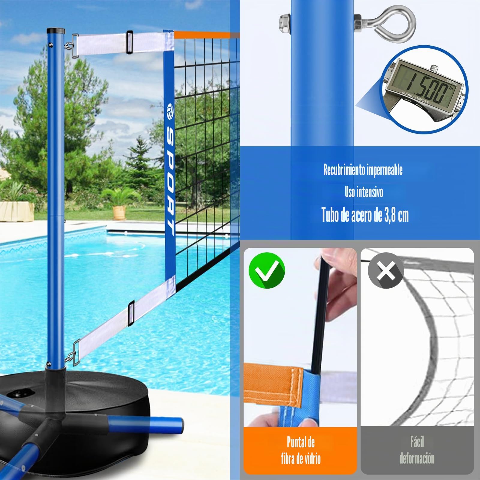 Red de Voleibol para Piscina, portátil, para Interior y Exterior, con 2 Pelotas de Agua y Base Resistente, Longitud Ajustable de 15 a 25 pies