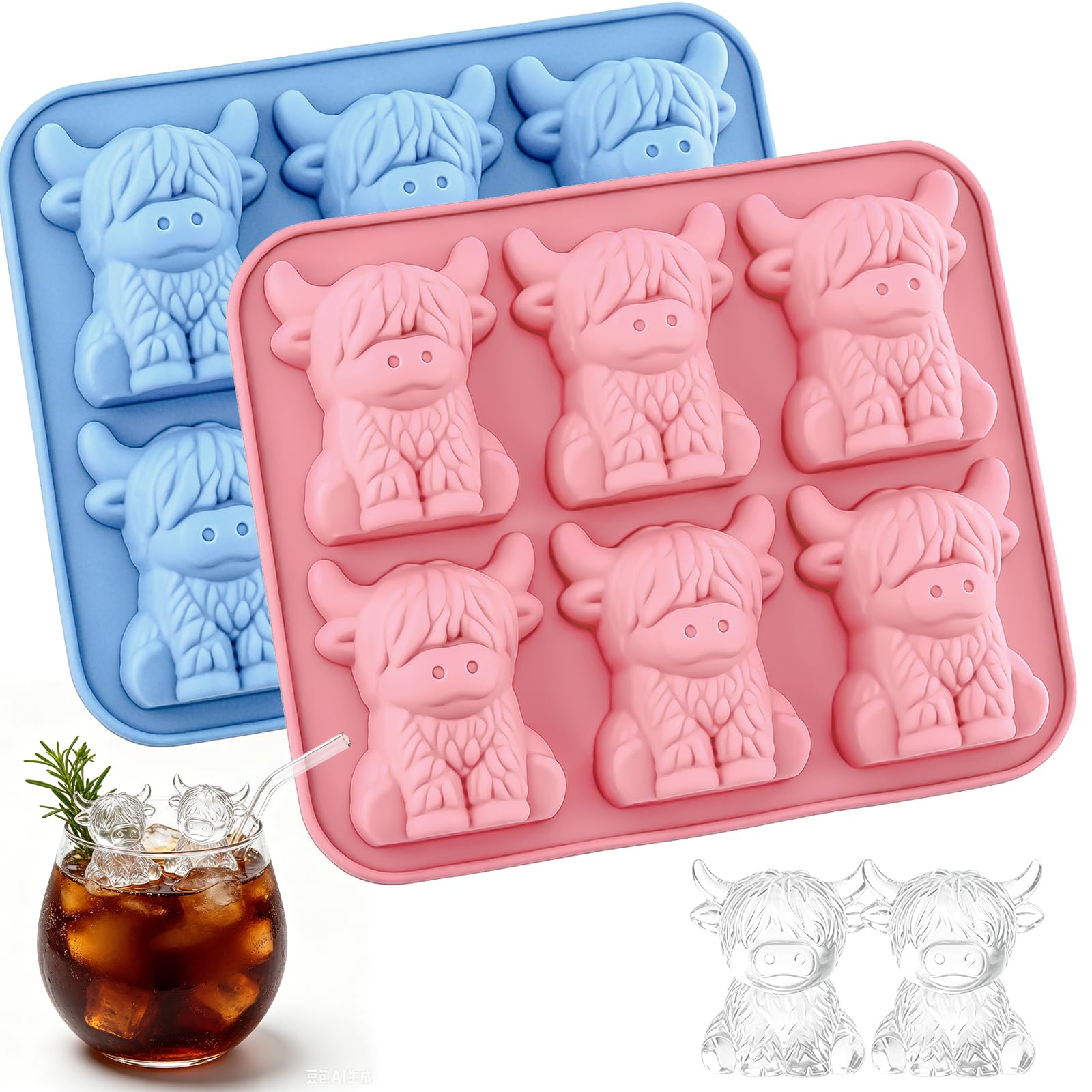 2 bandejas de cubitos de hielo de vaca de las tierras altas, bandeja de cubitos de hielo de silicona, moldes de cubitos de hielo, molde de hielo de vaca linda de fácil liberación, bandeja de hielo