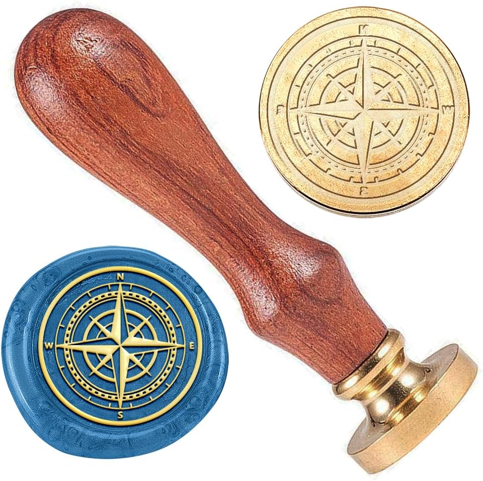 Compass Wax Seal 3D Stamp Embossed Stamp Sealing Removable 1" Brass Wax Seal Stamp Head with Wooden Handle Wedding Invitations Envelopes Gift Packing Craft Adhesive Waxing