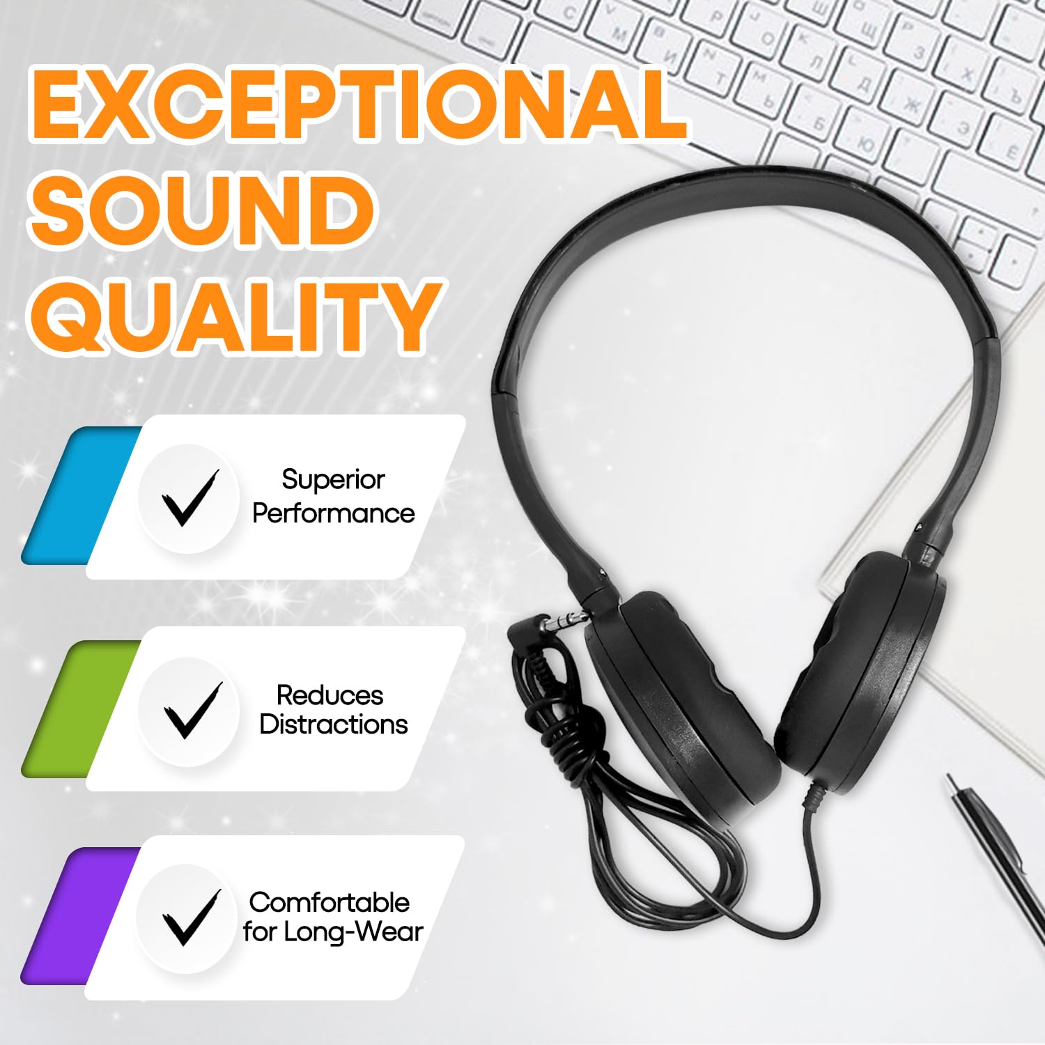 Wholeslae - Juego de 25 auriculares a granel para el aula escolar, auriculares duraderos con cable para estudiantes, niños, adolescentes, niños y adultos (HY104, negro)