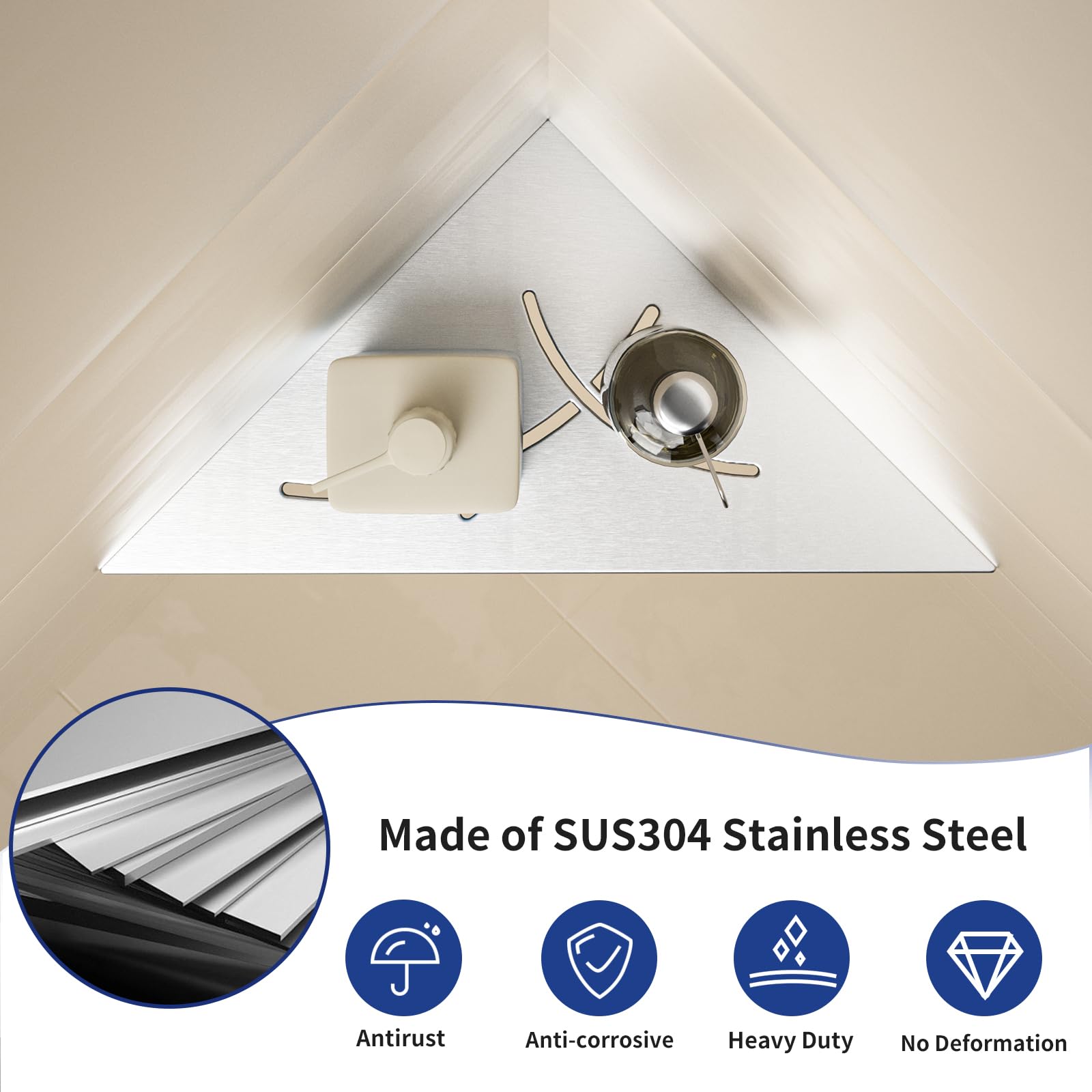 Estantería esquinera de ducha de acero inoxidable 304 con 3 mm de grosor, estantería de esquina empotrada de 254 mm, estantería de pared de azulejos, estantería triangular para almacenamiento