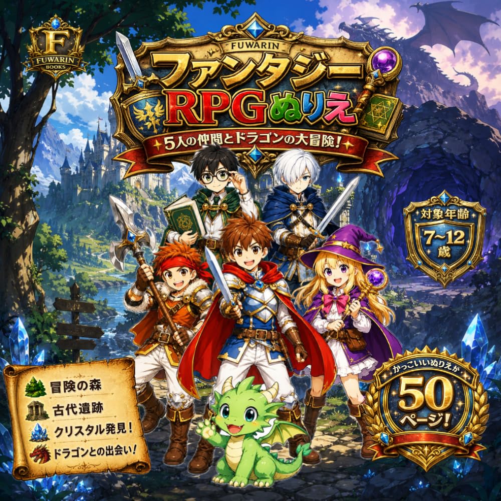 ファンタジーRPGぬりえ: 小学生向け 冒険・ドラゴン・モンスターのぬりえブック (Fuwarinぬりえシリーズ)