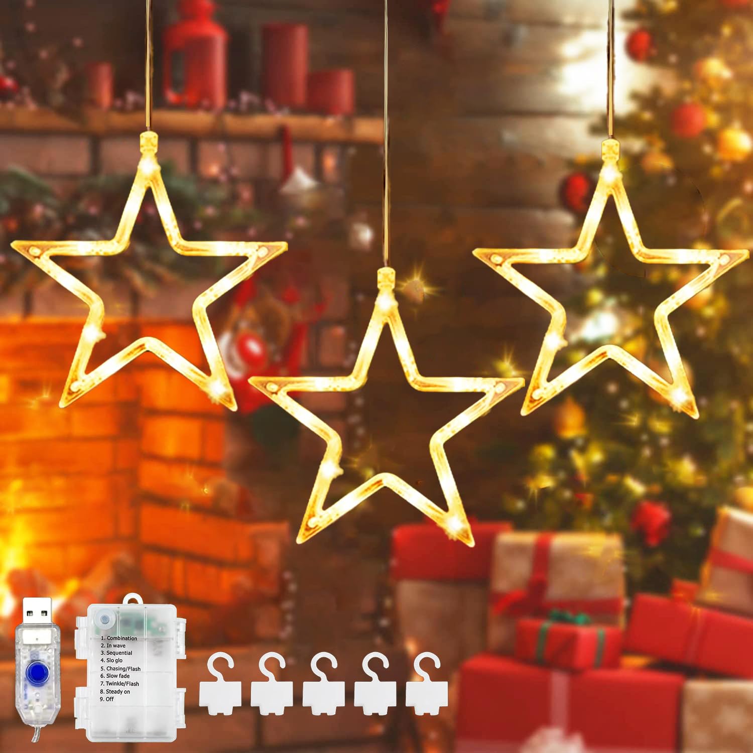 Luces Navideñas de Estrella LED, 30 LED Cortina de Luces Estrella con Pilas, Luces de Cortina de Navidad, 8 Modos Luces de Cortina Luz Ventana Decoracion Navidad para Interior habitacion Balcón Boda