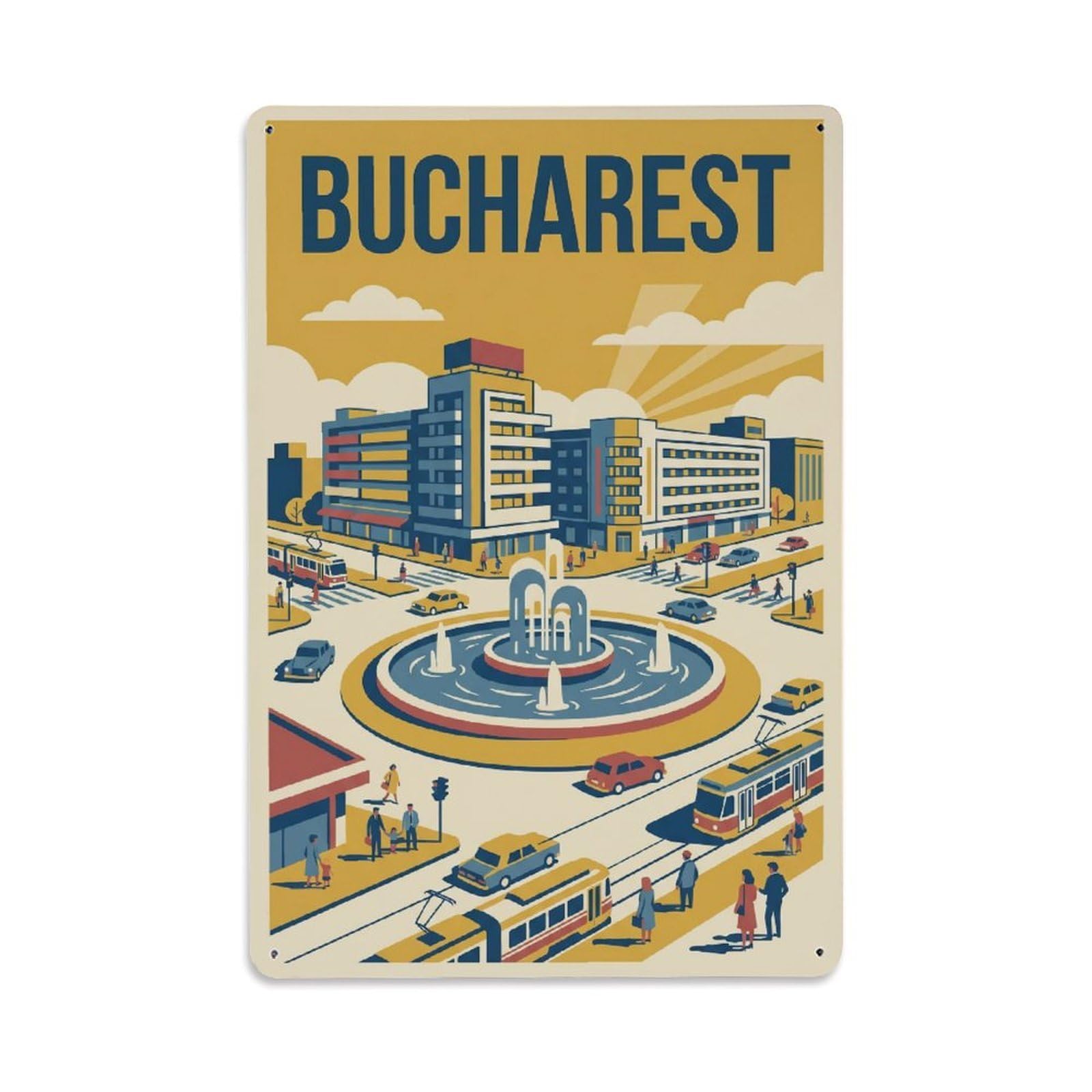Vintage Travel Bucharest Piata Montreal Clean Romania Metal Tin Sign Plaque Wall Decor for Cafe, Club Bar, Office, Home Garden Metal Poster 8x12Inch