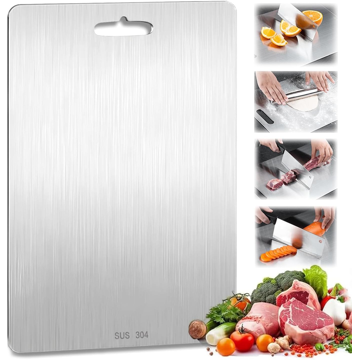 Cutting Board,304 Stainless Steel Cutting Board,Double-Sided Food Grade Cutting Mat for Meat Fruit Vegetable,Rust-proof Hygiene-Perfect for Various Cooking Tasks (Silver, 34x23cm)