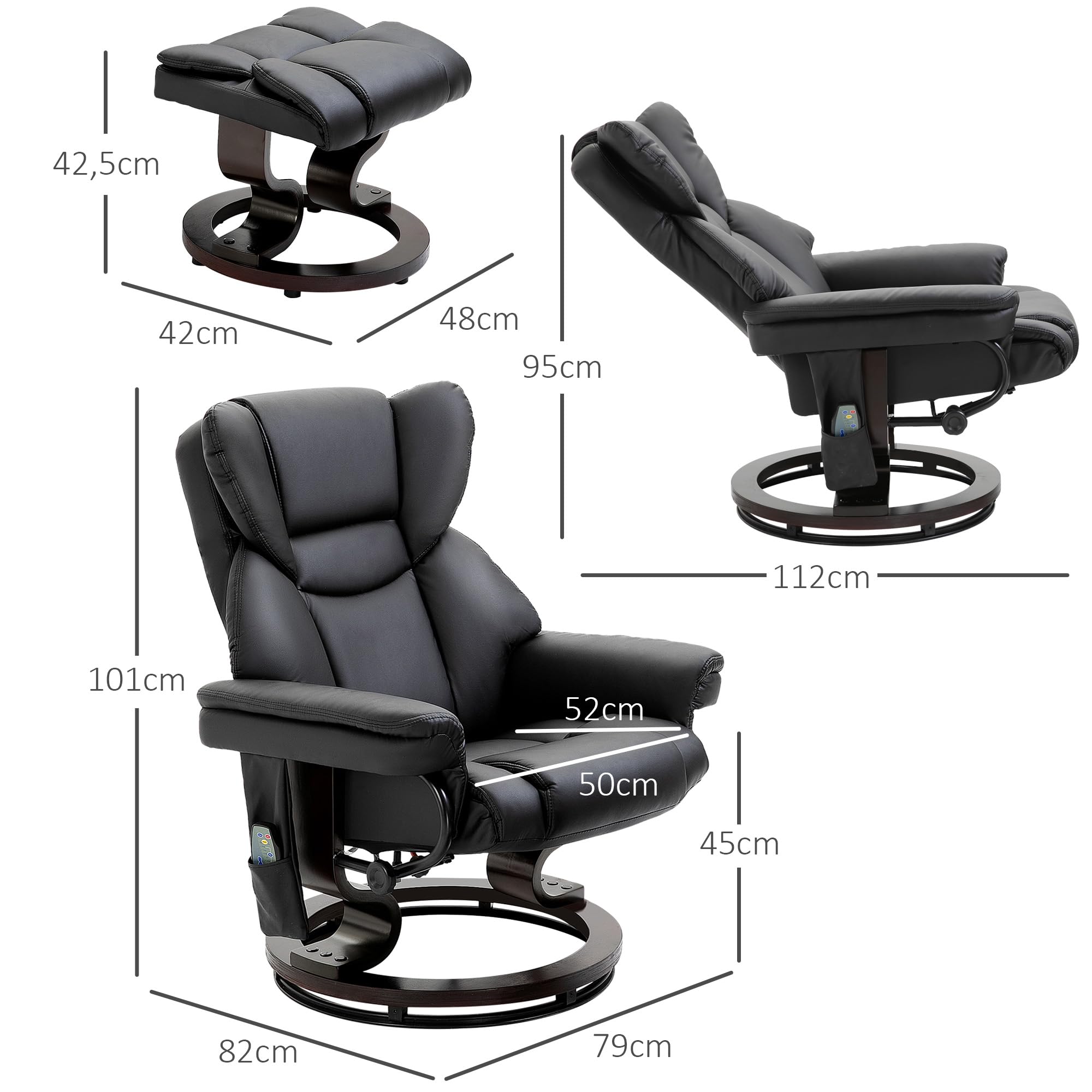 HOMCOM Relaxsessel mit Hocker, 360° drehbarer Massagesessel mit Liegefunktion, Kunstleder Schwarz