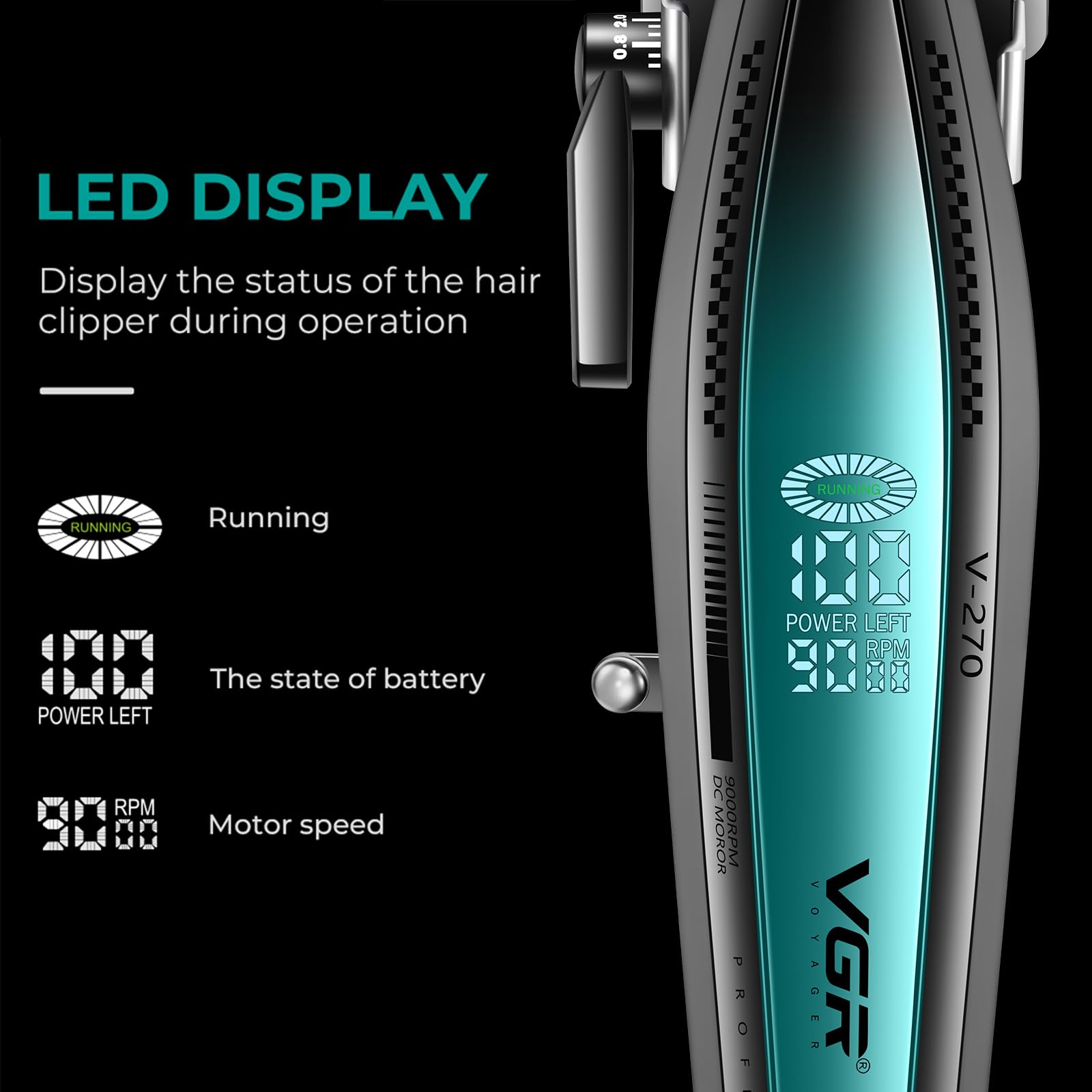 VGR 270 cortapelos para hombres profesionales, de bajo ruido, inalámbrica, de alta velocidad, 9000 RPM, cuchilla de cerámica de decoloración fresca, kit de corte de pelo con 6 peines guía, base de 6
