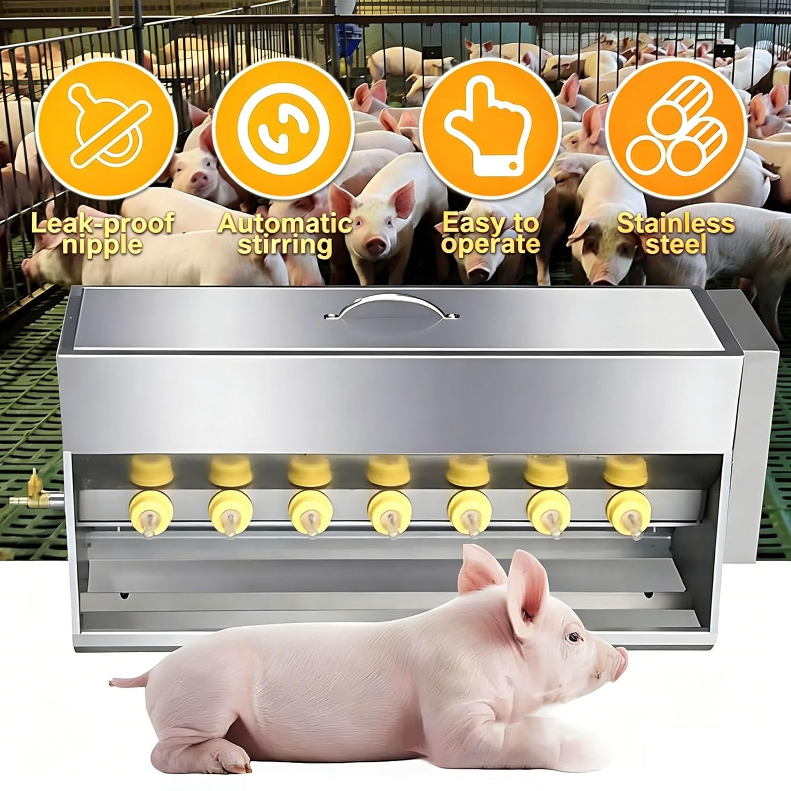 Dispensador automático de Leche para lechones de Acero Inoxidable con Orificio de Sonido, tetina de Gel de sílice 10/14, Dispositivo de agitación automático para la alimentación 15L/10Nipples