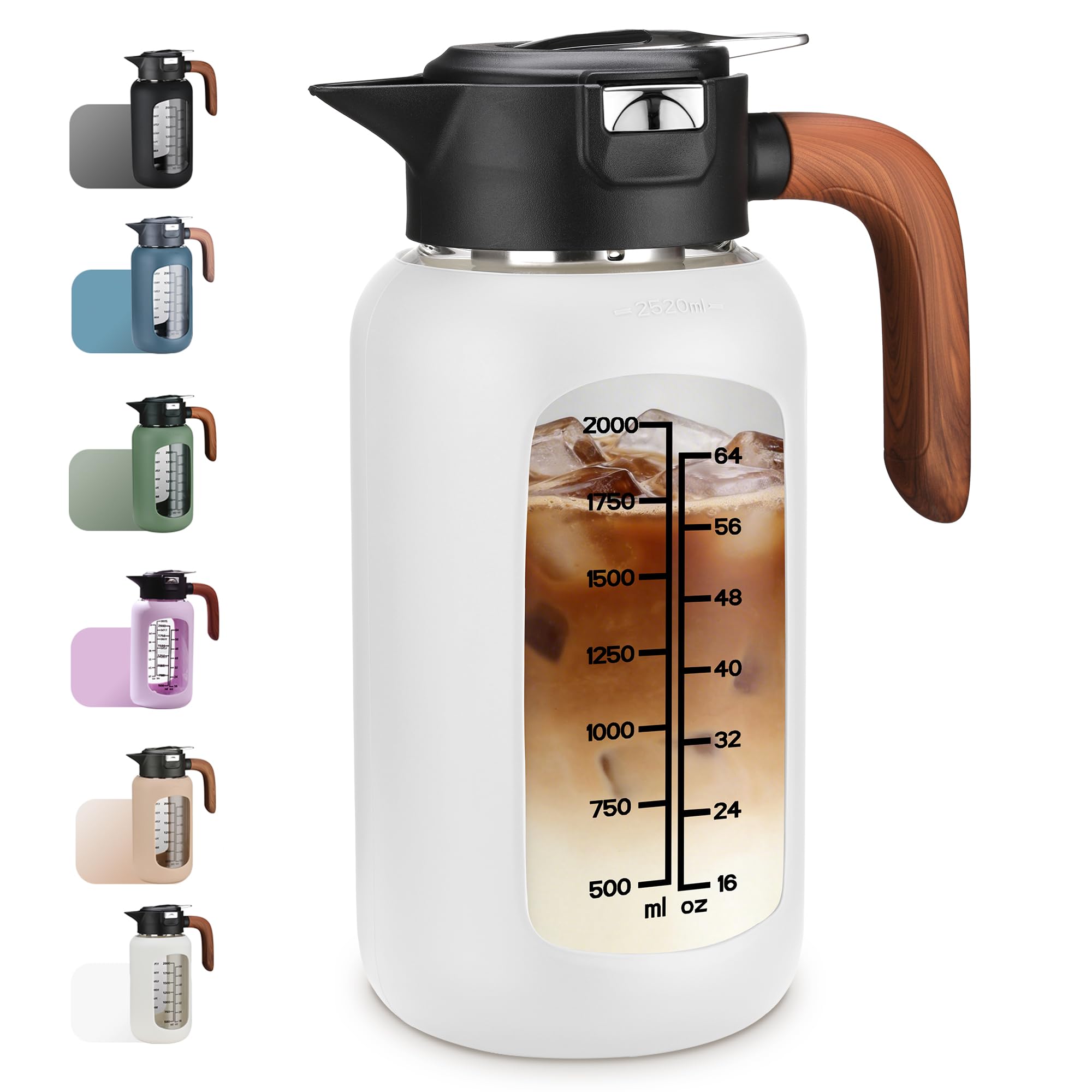 Photo 1 of 84oz Glass Pitcher with Lid and Handle Borosilicate Glass Water Jug/Carafe for Hot & Cold Beverages, 2.5Liter Large Pitcher with Silicone Sleeve & Wide Mouth, Fridge Safe for Iced Tea, Coffee, Juice