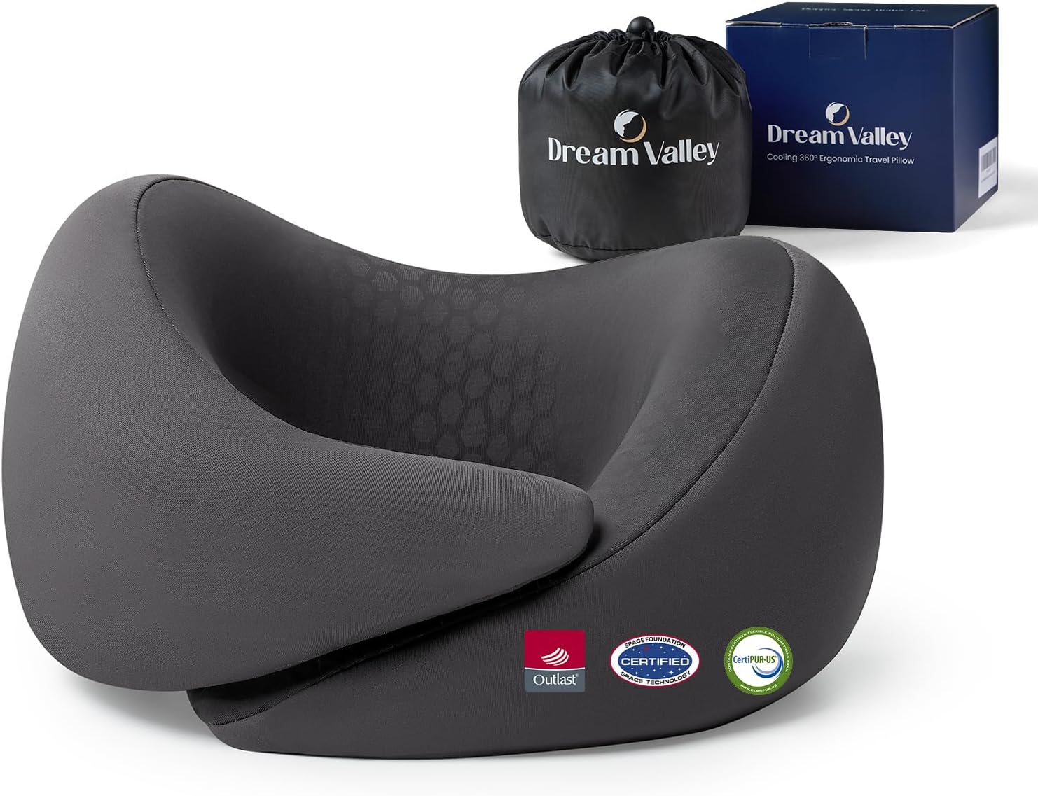 Neck Travel Pillow, Memory Foam Travel Pillow for Airplane, Portable Roll-Up Neck Pillow with Cooling Inner Fabric, 360° Ergonomic Support, No Head Bobbing, Travel Bag Included