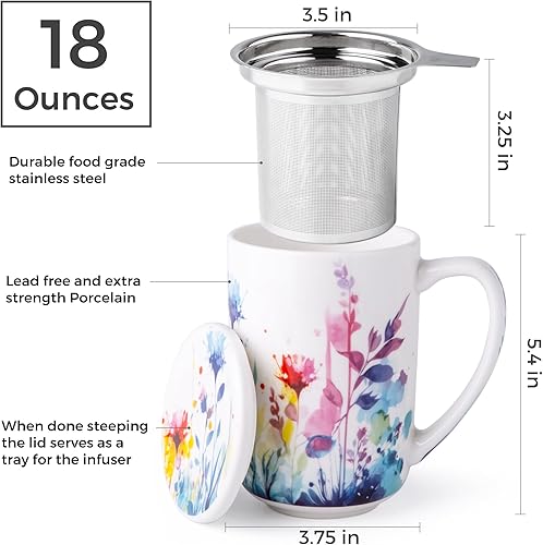 Miniatura 2 de Taza de Té de Porcelana AmorArc con Infusor y Tapas, Taza Grande de 18 Oz con Filtro con Soporte para Bolsa de Té de Hojas Sueltas, Taza para