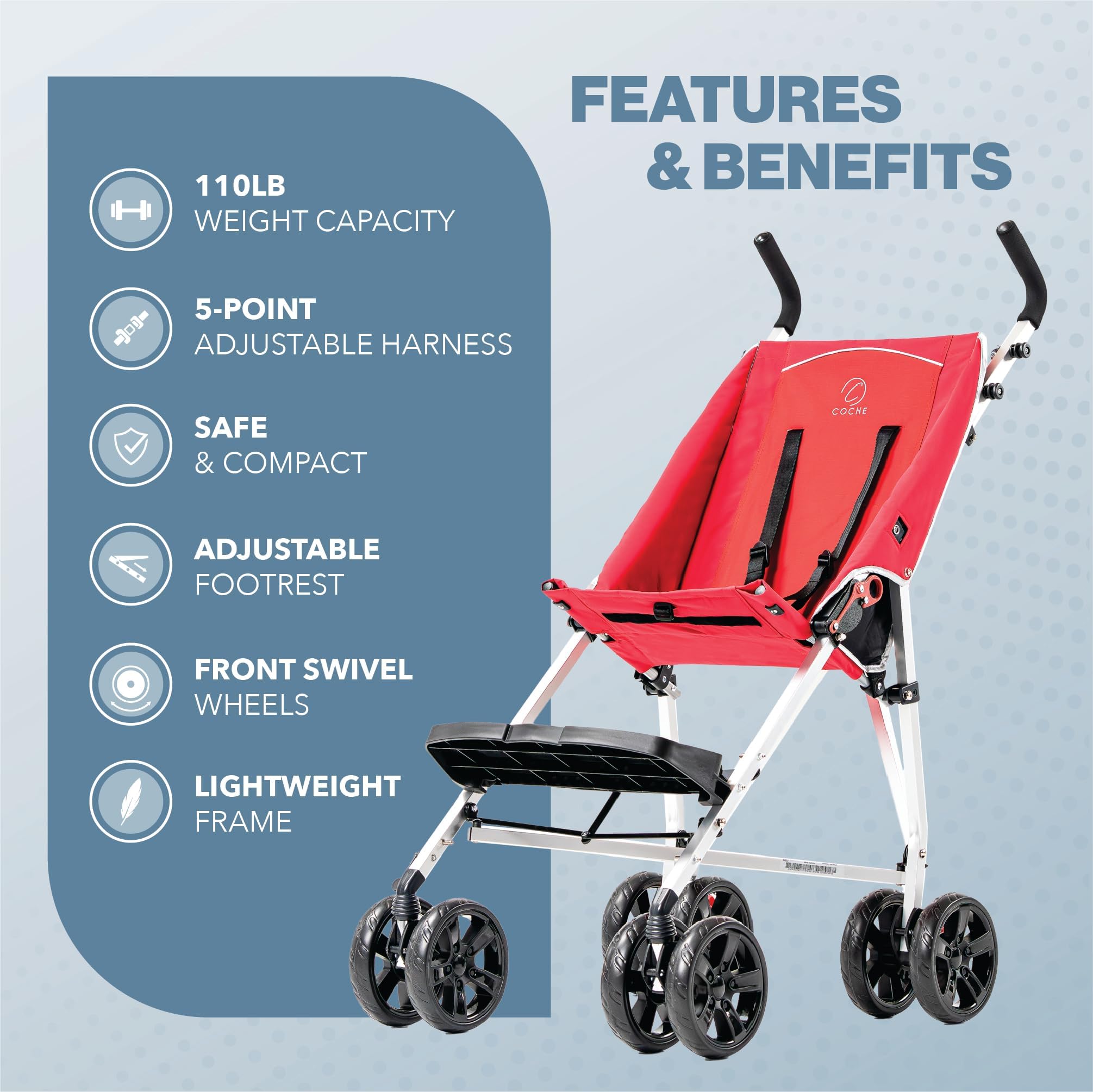 Coche XL Special Needs Stroller, Disability Stroller for Older Child, Larger Size Pushchair, Easy Folding System, Lightweight Aluminum Frame (Red)