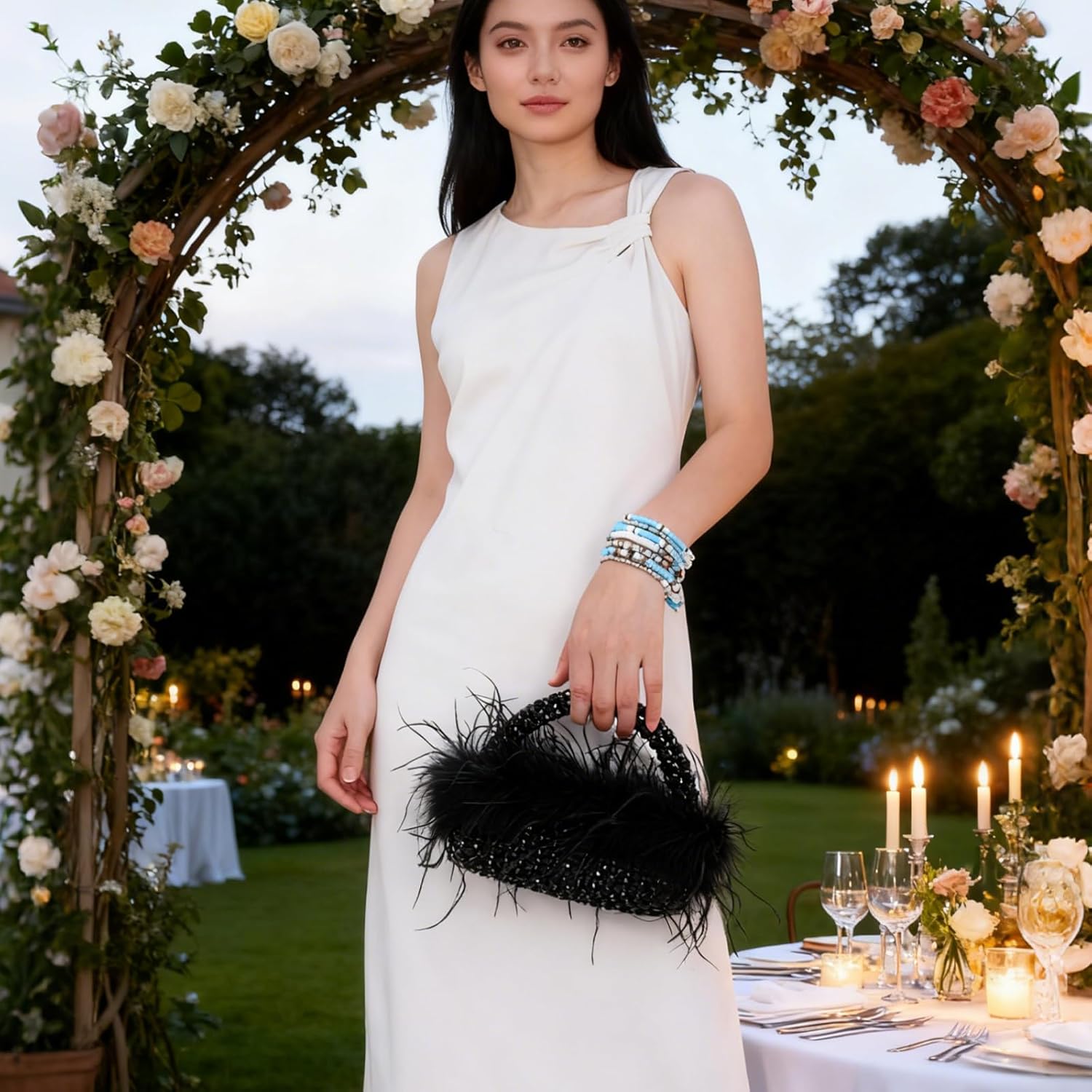 Fecialy Natural Ostrich Feather Clutch Purse for Women Beaded Handbags Handmade Evening Bag for Wedding Party - Image 3