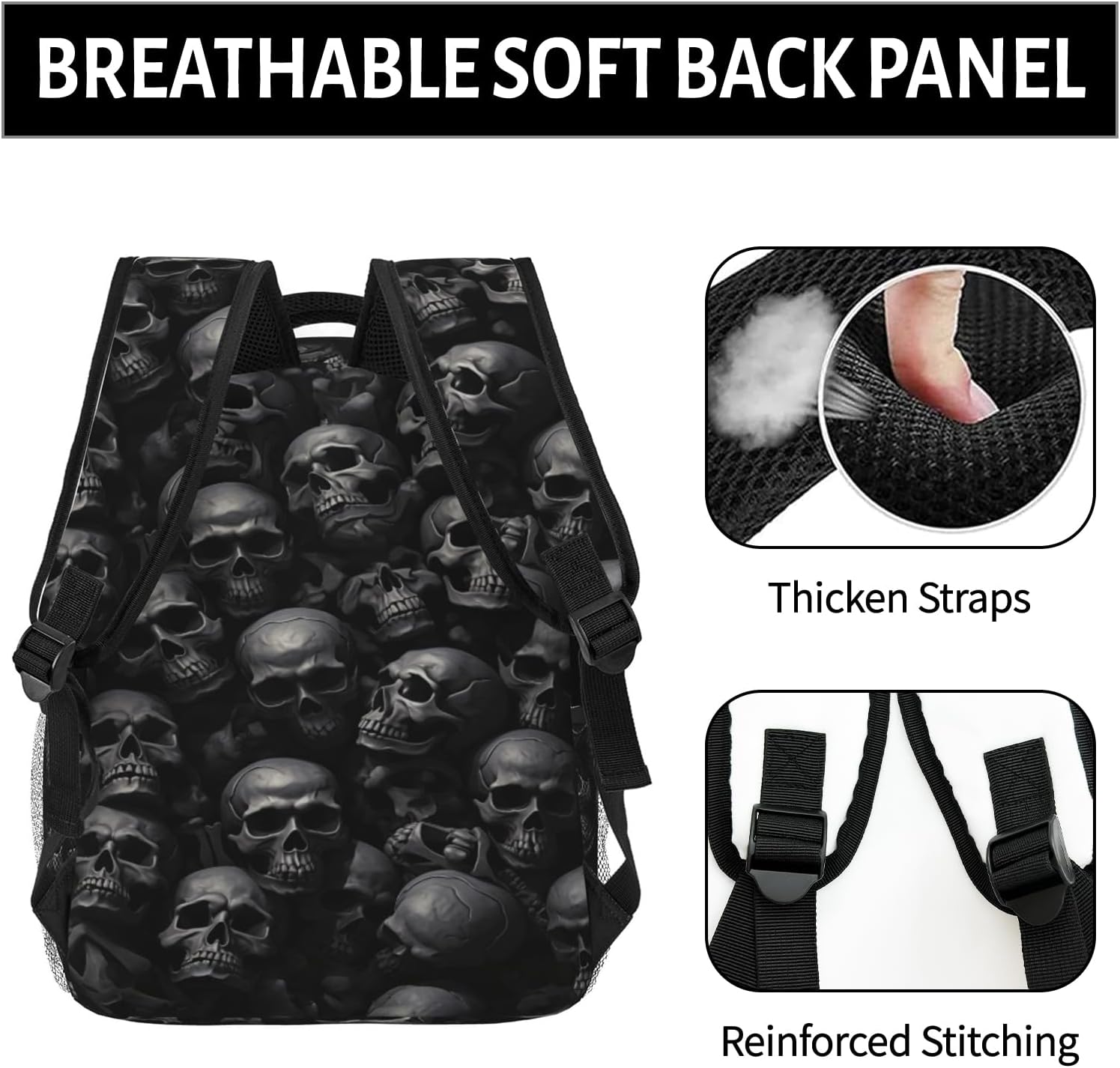Skull Backpack, Travel Backpacks Laptop Rucksack for Women, School Bookbag for Kids Girls Boys Teens, Dark Gothic Skull Back Pack Accessories Bag for Work, Ideal Gifts for Goth Lovers