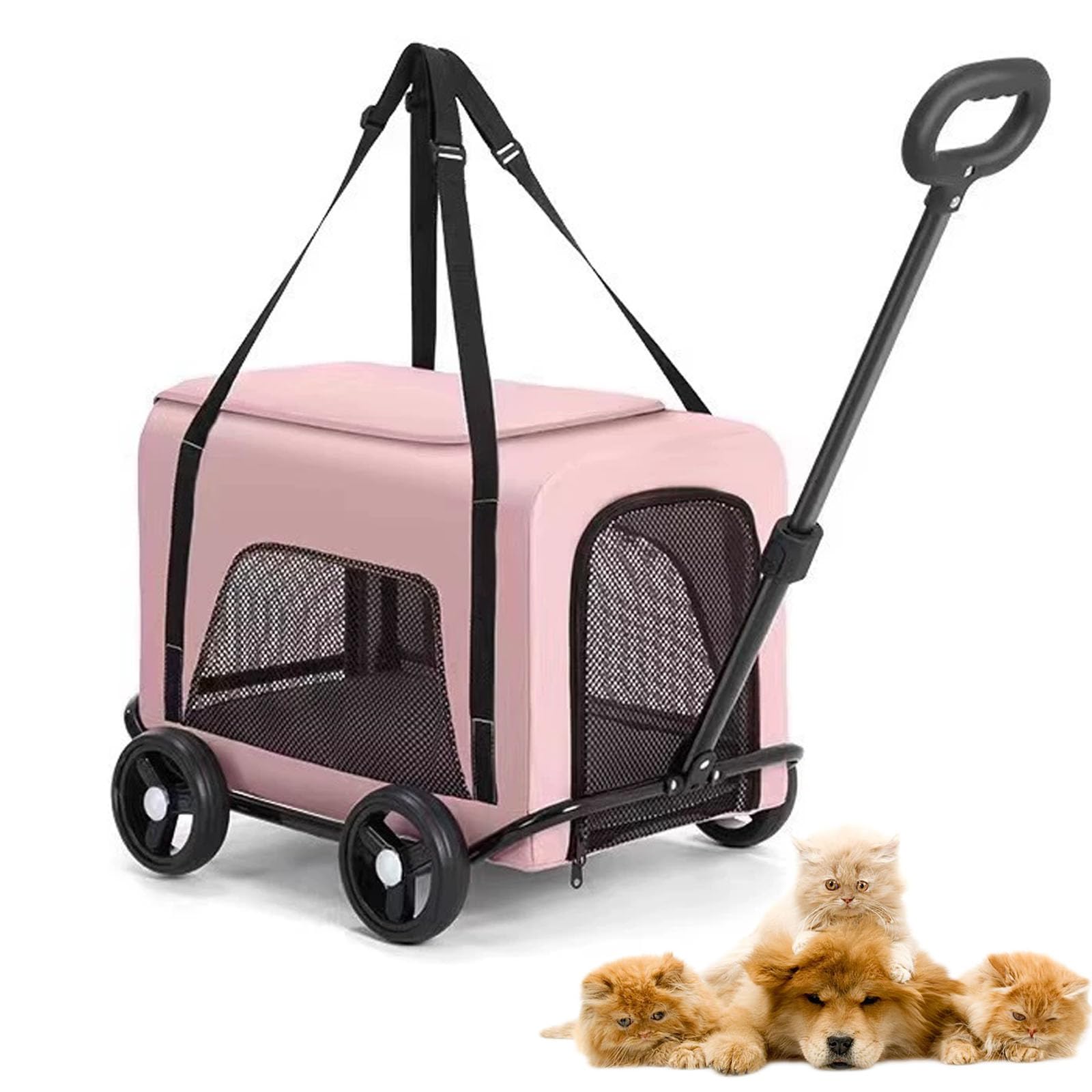 Landau de chien à 4 roues rose pliable avec poignée réglable