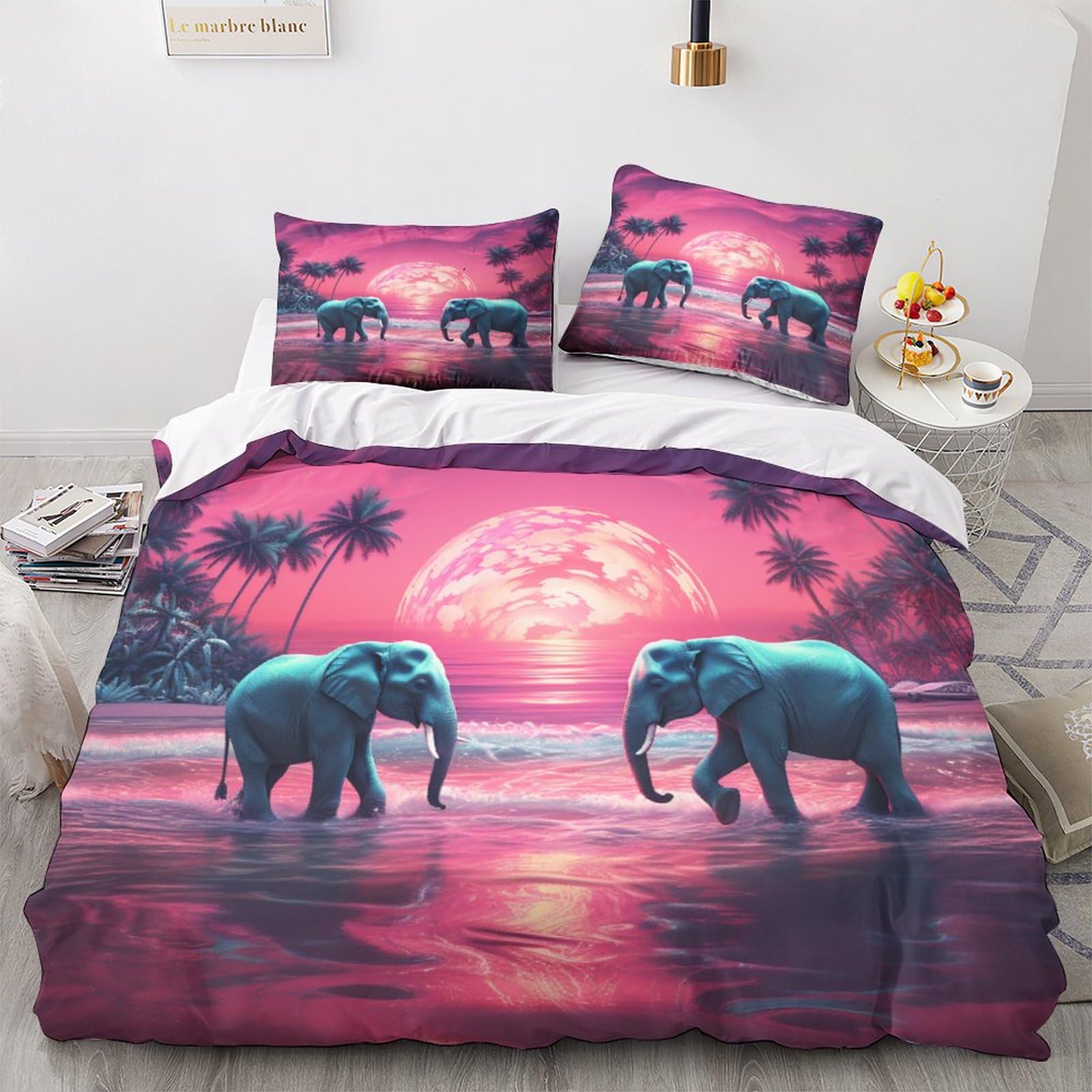 GEEYOU Elephant Bedding Set Colorful Duvet Cover Sets African Elephant Quilt Cover Soft Microfiber with Pillwocase Comforter Cover with Zipper Closure Finesse for Kids Adults King（220x240cm）