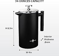 Vista 3 de Redwood - Prensa francesa grande, cafetera de 8 tazas, construcción de doble pared, filtro de acero inoxidable de 3 capas, retención térmica óptima
