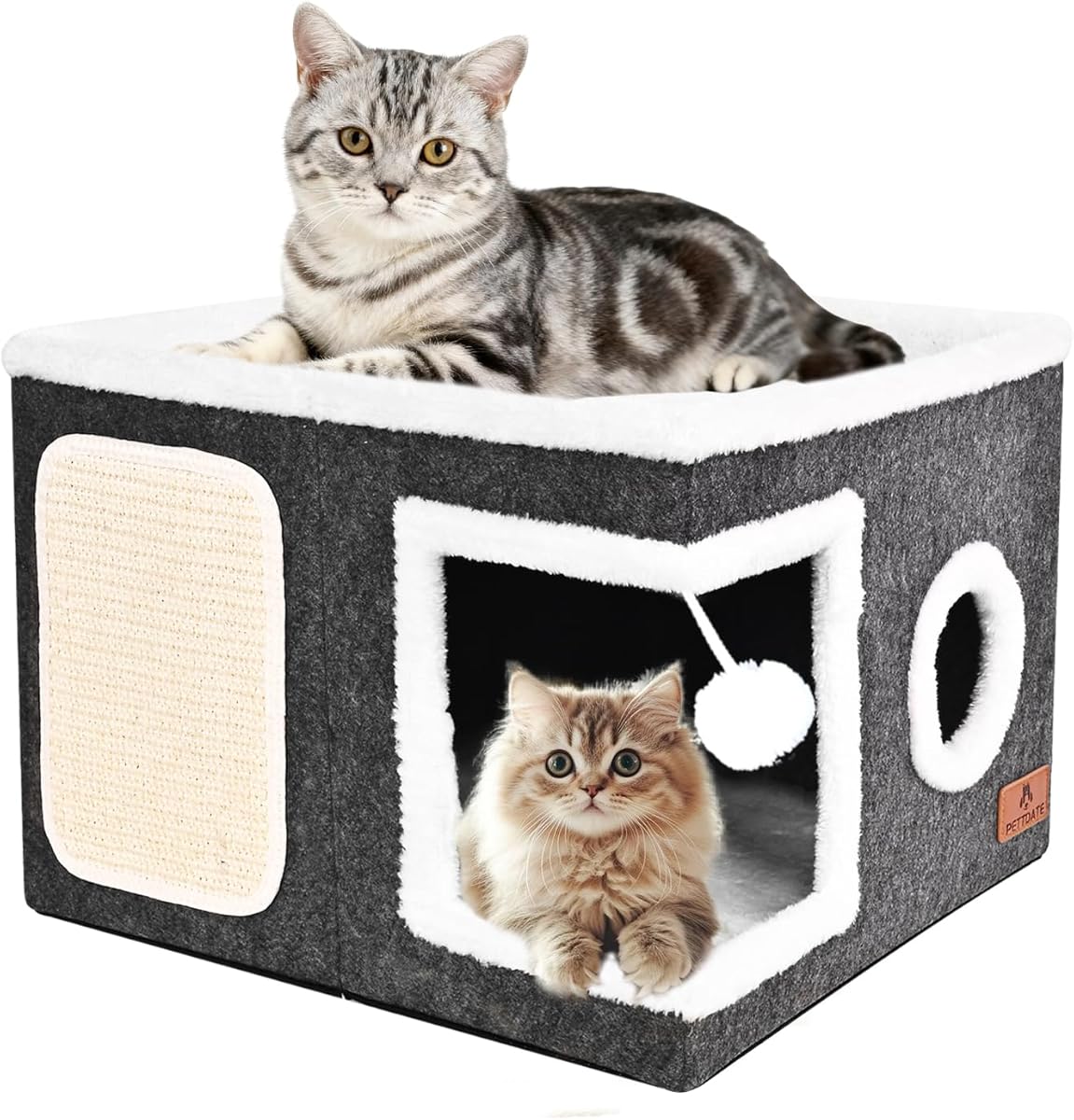 Felt Cat Cave Beds for Indoor Cats, Foldable Cat Hideaway with Scratch Pad and Fluffy Ball, Large Covered Cat House with Reversible Cushion for Multi Small Pet