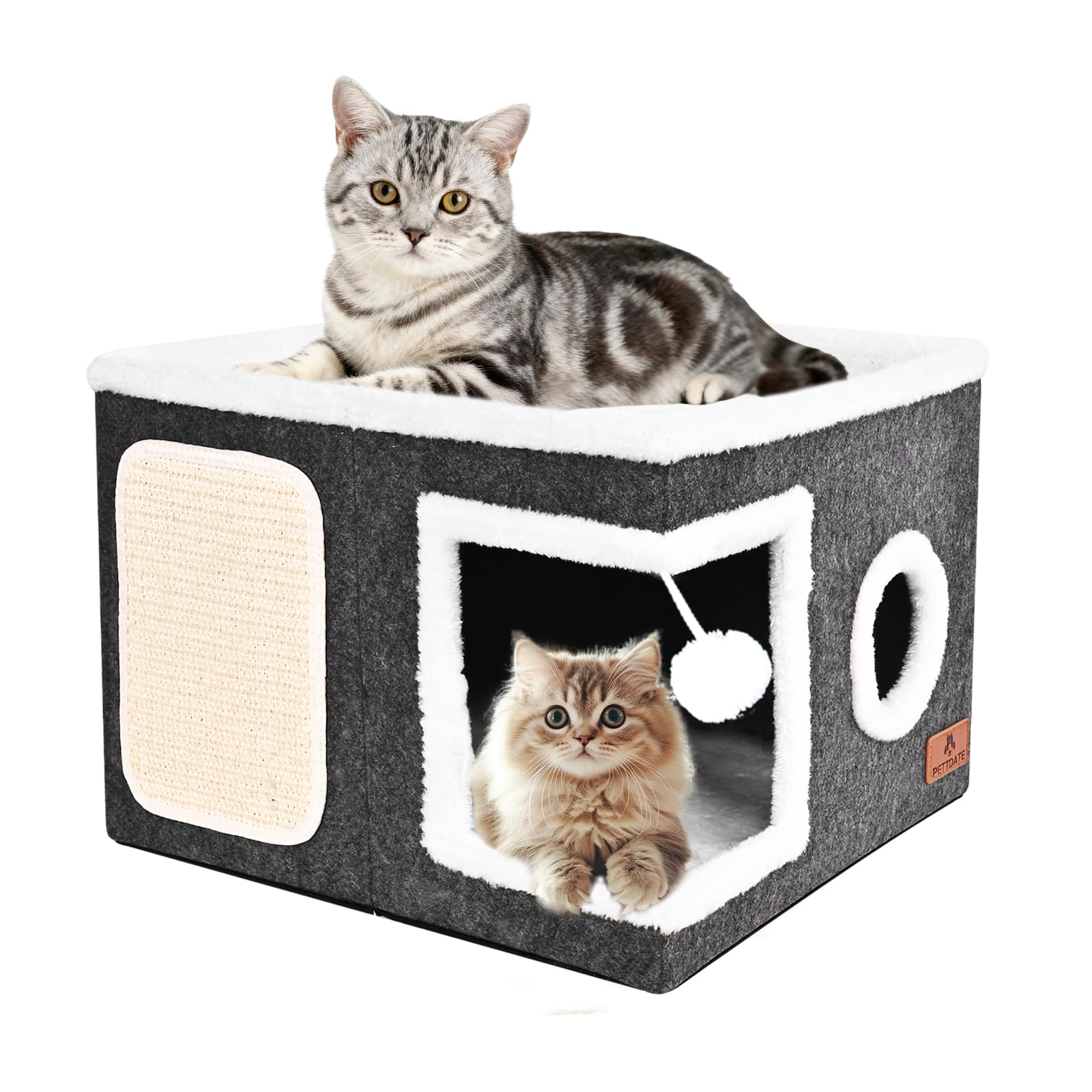 Felt Cat Cave Beds for Indoor Cats, Foldable Cat Hideaway with Scratch Pad and Fluffy Ball, Large Covered Cat House with Reversible Cushion for Multi Small Pet