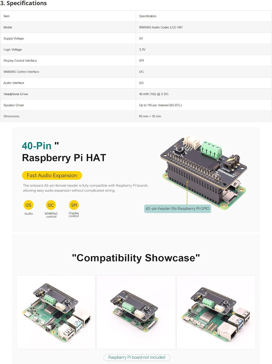 WM8960 Stereo Audio Codec HAT with 0.96" OLED, Audio Playback & Recording Expansion Board, 3.5mm Headphone Jack, Dual MEMS Microphones, Speaker Terminals, Compatible with Raspberry Pi