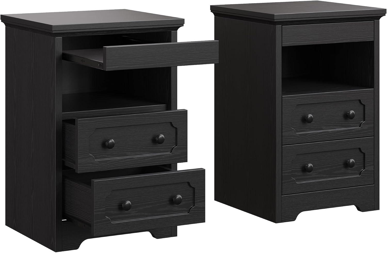 LIKIMIO Nightstand Set of 2 with Pull-Out Tray, 2 Drawers & Open Shelf - Modern Black Bedside Tables for Bedroom Storage