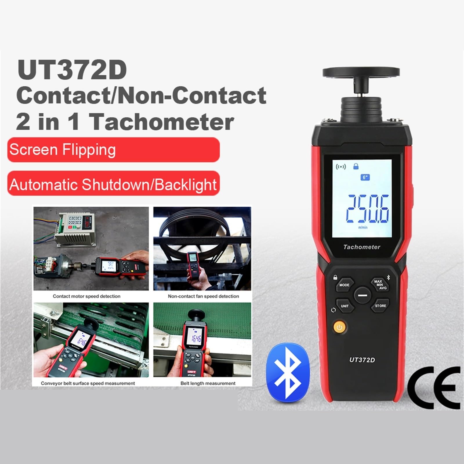 Digitaler Drehzahlmesser, UT372D Geschwindigkeits-Drehzahlmesser 2-in-1-Laser-Drehzahlmesser Kontakt Und Berührungslos Tacometro Digitaler Drehzahlmesser Spin 1 Bis 19999 U/min,LCD-Display