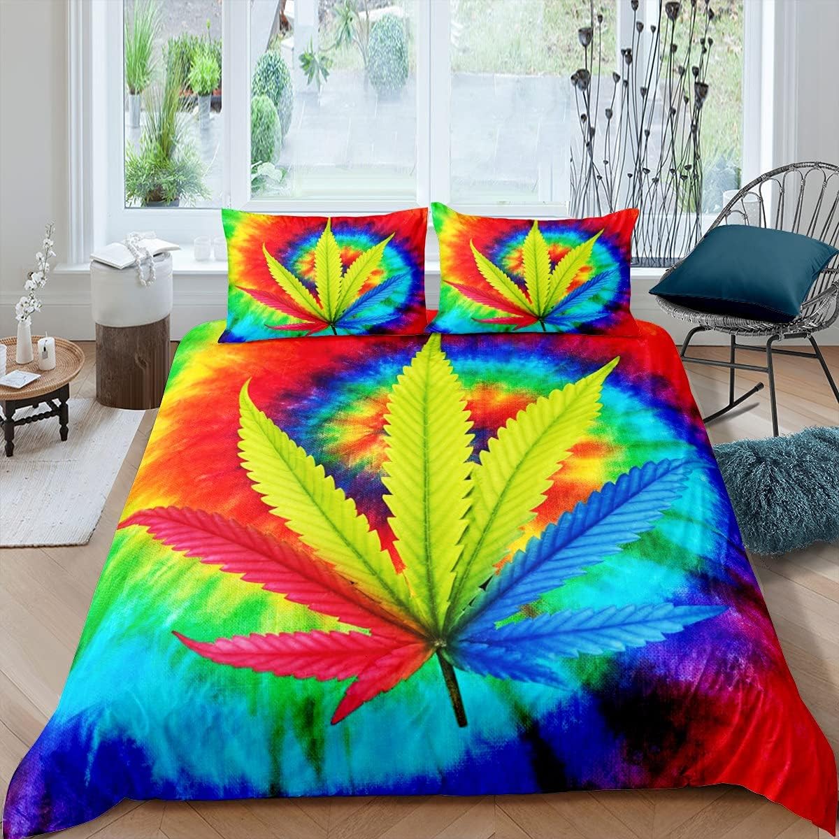 Juego de funda de edredón con diseño de hojas de marihuana arcoíris y marihuana juego de cama de 3 piezas diseño de hojas de cannabis coloridas acuarela teñido en espiral juego de cama psicodélico