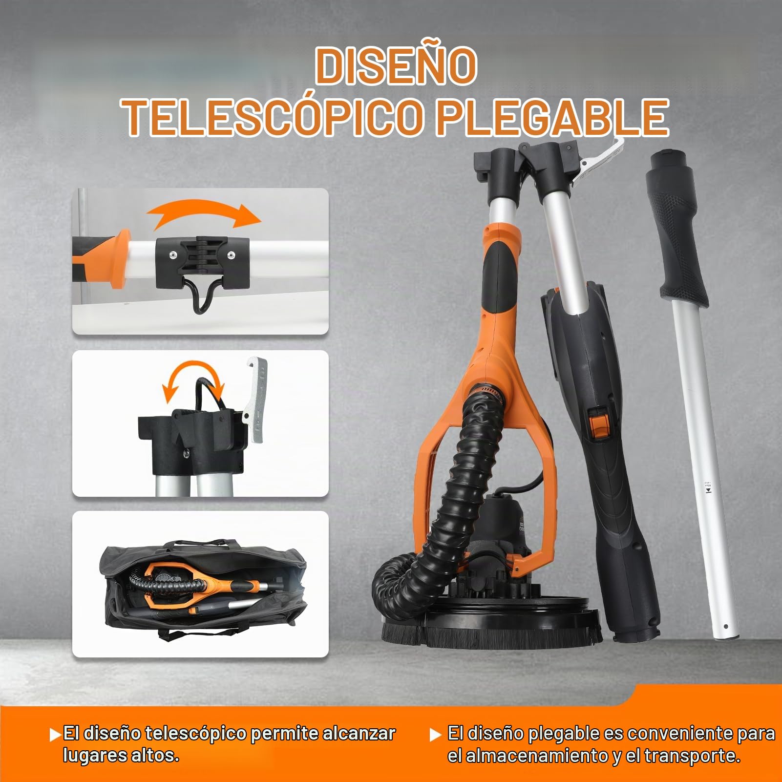 MAXXT Lijadora de pared 20V sin escobillas: Sistema de auto-aspiración, Control de velocidad continuo (600-1200 RPM), Disco de 225 mm, Plegable (extensible 110-165 cm), Para paredes y techos