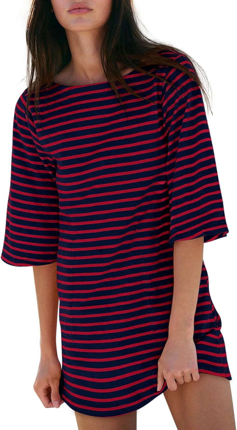 Yousify Women’s T Shirt Dress Cotton Summer Dresses 2026 Casual Loose Short Sleeve Striped Mini Dress with Pockets