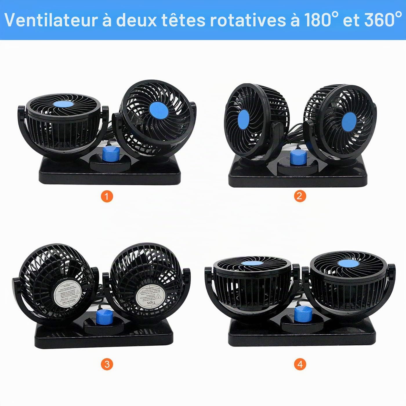 12V Ventilateur de Refroidissement de Voiture électrique 360 ​​° Rotatif Double têtes Ventilateur de Circulation d'air Rotation Manuelle 2 Vitesses. (Prises Allume-Cigare Balck-3) (Noire)