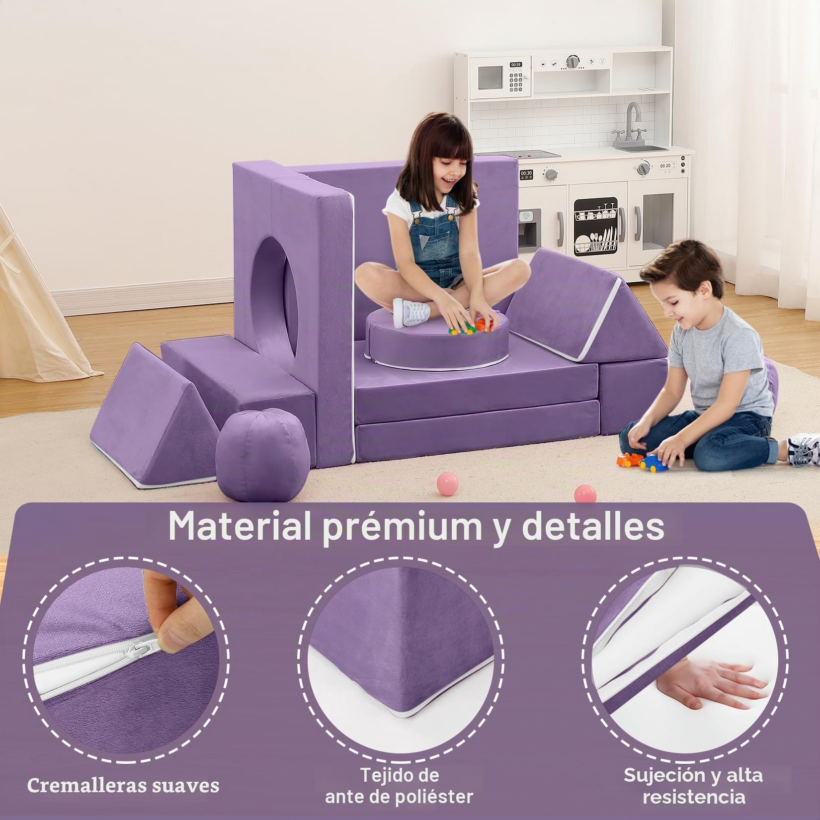 Garvee Sofá Modular De 12 Piezas para Niños: Sofá Seccional DIY para Sala De Juegos, Dormitorio y Guardería. Espuma Suave, Plegable, Funda Extraíble, Muebles Creativos para Niños y Niñas, Púrpura.