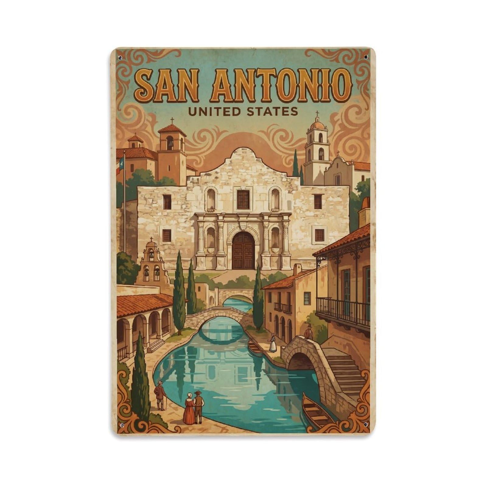 Vintage Travel USA San Antonio Metal Tin Sign