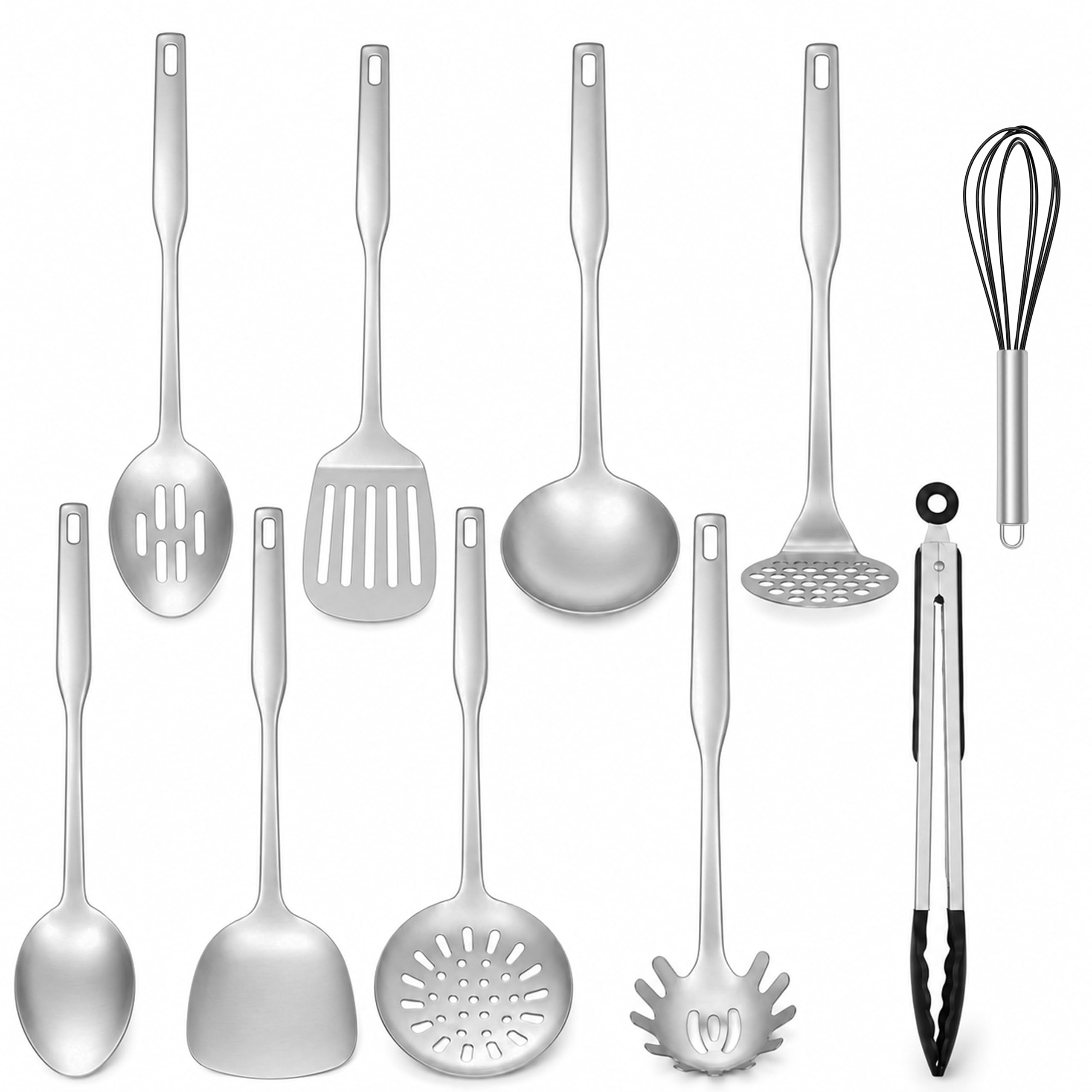 Onader 10Pcs Kitchen Utensils Set, Stainless Steel Cooking Utensil Set with Spatulas Turners Spoons and Potato Masher, Heavy-Duty Kitchen Gadgets for Cooking Serving, Easy to Clean & Dishwasher Safe