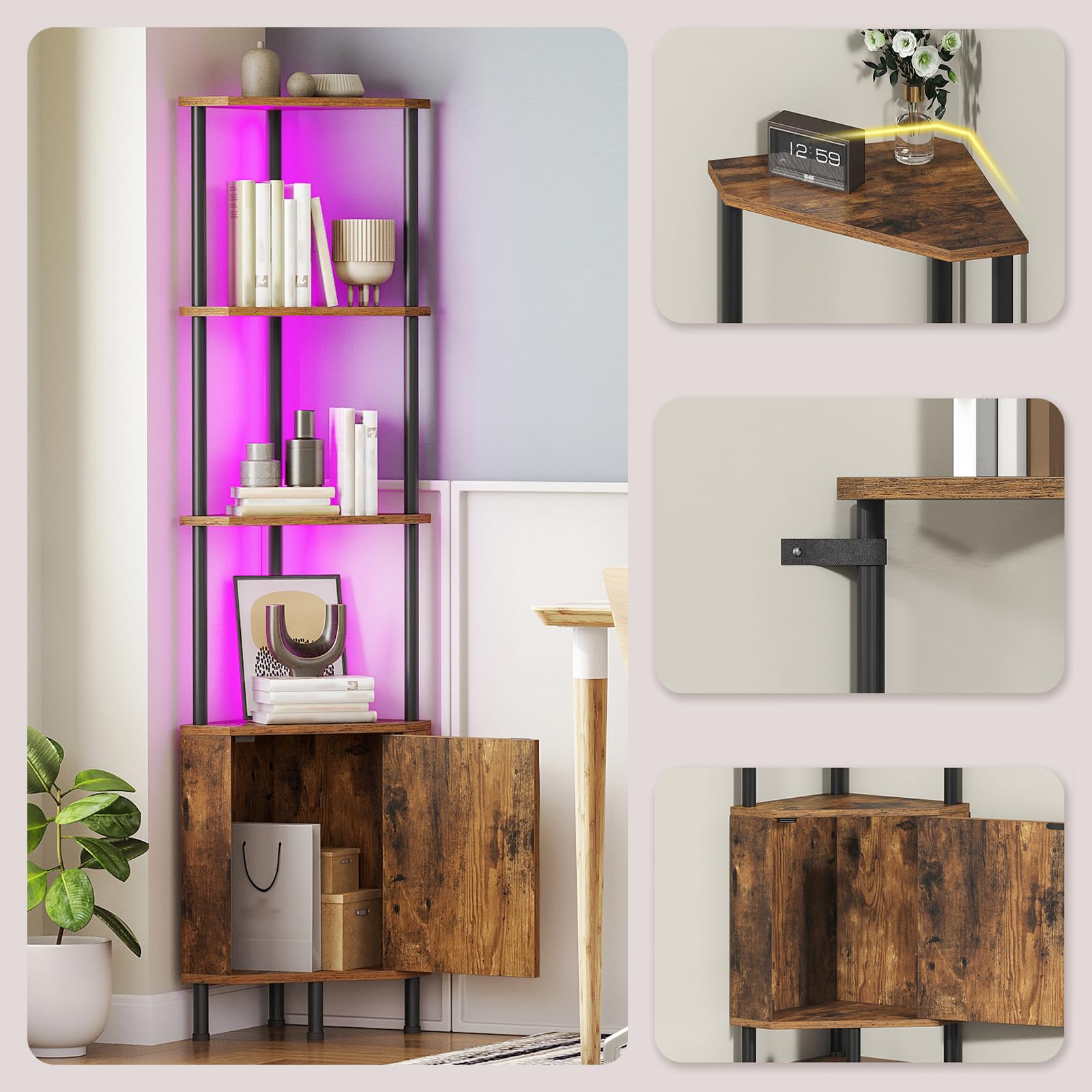 HOOBRO Libreria Verticale Angolare con LED e Mobile Contenitore, Scaffale Industriale da Esposizione, Pannelli a Motivo Diamante, per Soggiorno, Studio, Camera, Marrone Vintage e Nero EBF147DCJ01
