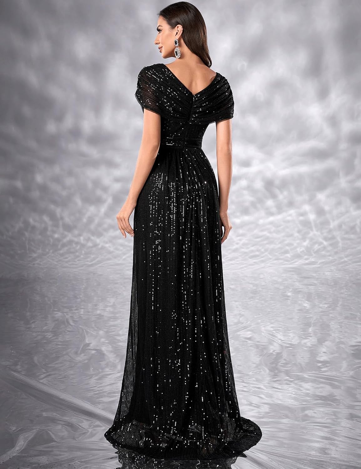 Women's Sequin V-Neck Short Sleeve A-Line Evening Dress Elegant Evening Dresses Party Gowns - Image 2