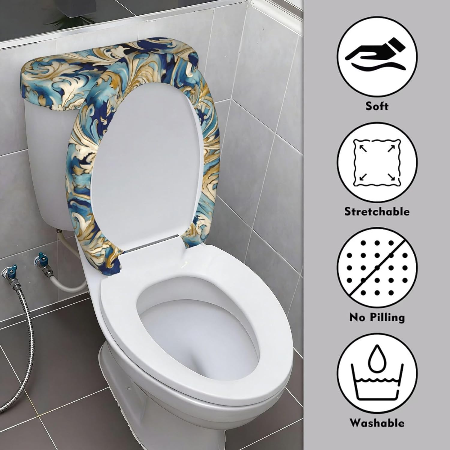 Elegant Blue Gold Florentine Toilet Tank Cover And Toilet Lid Cover Set Stretch Bathroom Toilet Lid Seat Cover