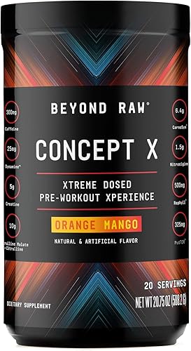 BEYOND RAW Concept X, polvo de preentrenamiento dosificado clínicamente, contiene cafeína, L-citrulina, creatina y beta-alanina, mango naranja, 20